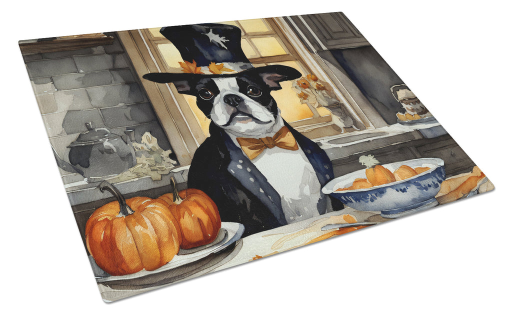 Boston Terrier Fall Kitchen Pumpkins Cutting Board Tempered Glass Kitchen Cutting Surface, Heat Resistant Chopping, Non-Slip Feet, Food Prep & Serving