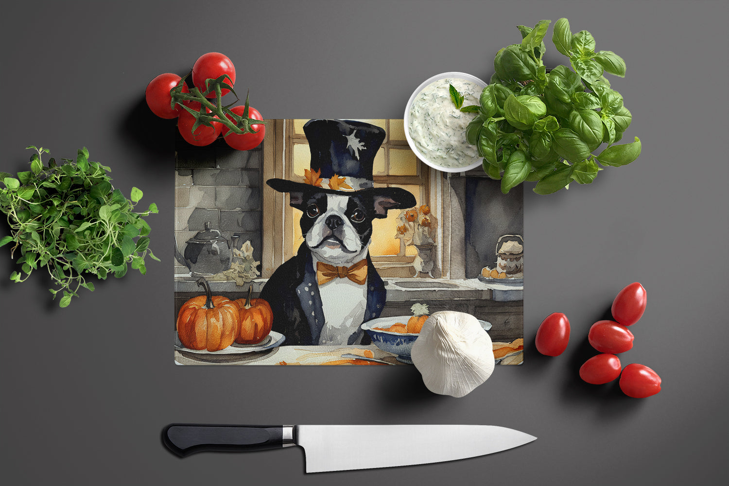 Boston Terrier Fall Kitchen Pumpkins Cutting Board Tempered Glass Kitchen Cutting Surface, Heat Resistant Chopping, Non-Slip Feet, Food Prep & Serving