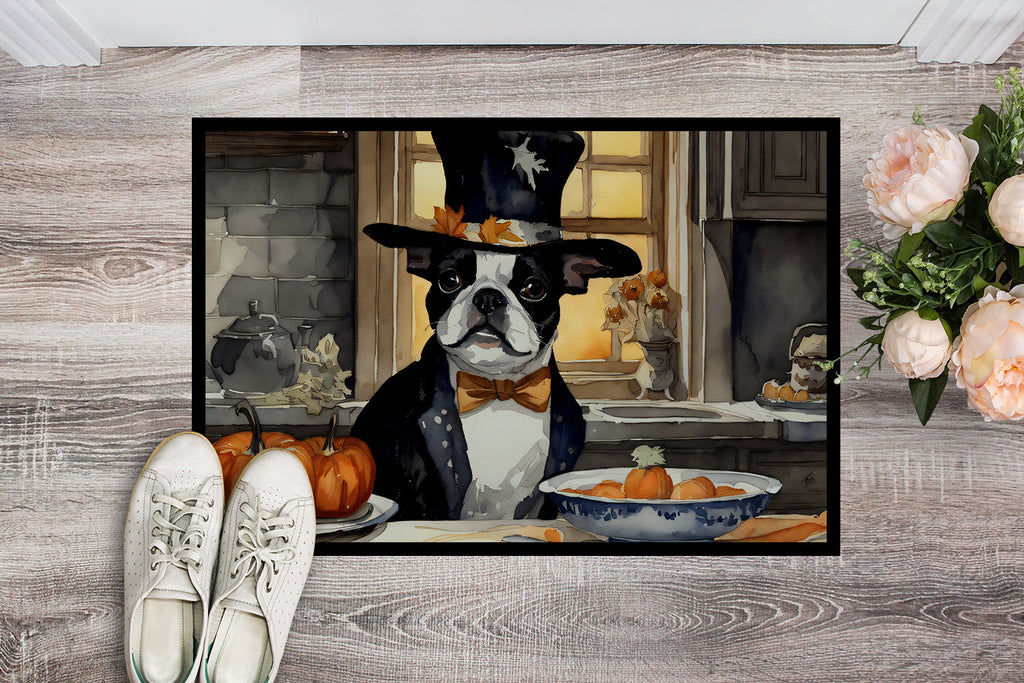 Boston Terrier Fall Kitchen Pumpkins Doormat Indoor Outdoor 18H X 27W Front Door Mat Rugs for Entryway, Non Slip Washable