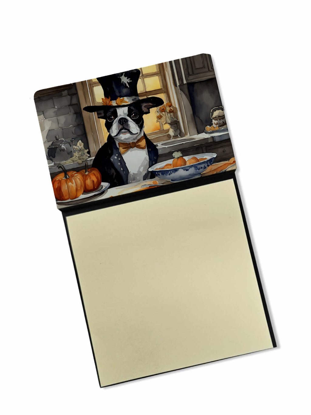 Boston Terrier Fall Kitchen Pumpkins Watercolor Sticky Note Holder Refillable Dispenser Desk Accessory 3x3 Pad Gift