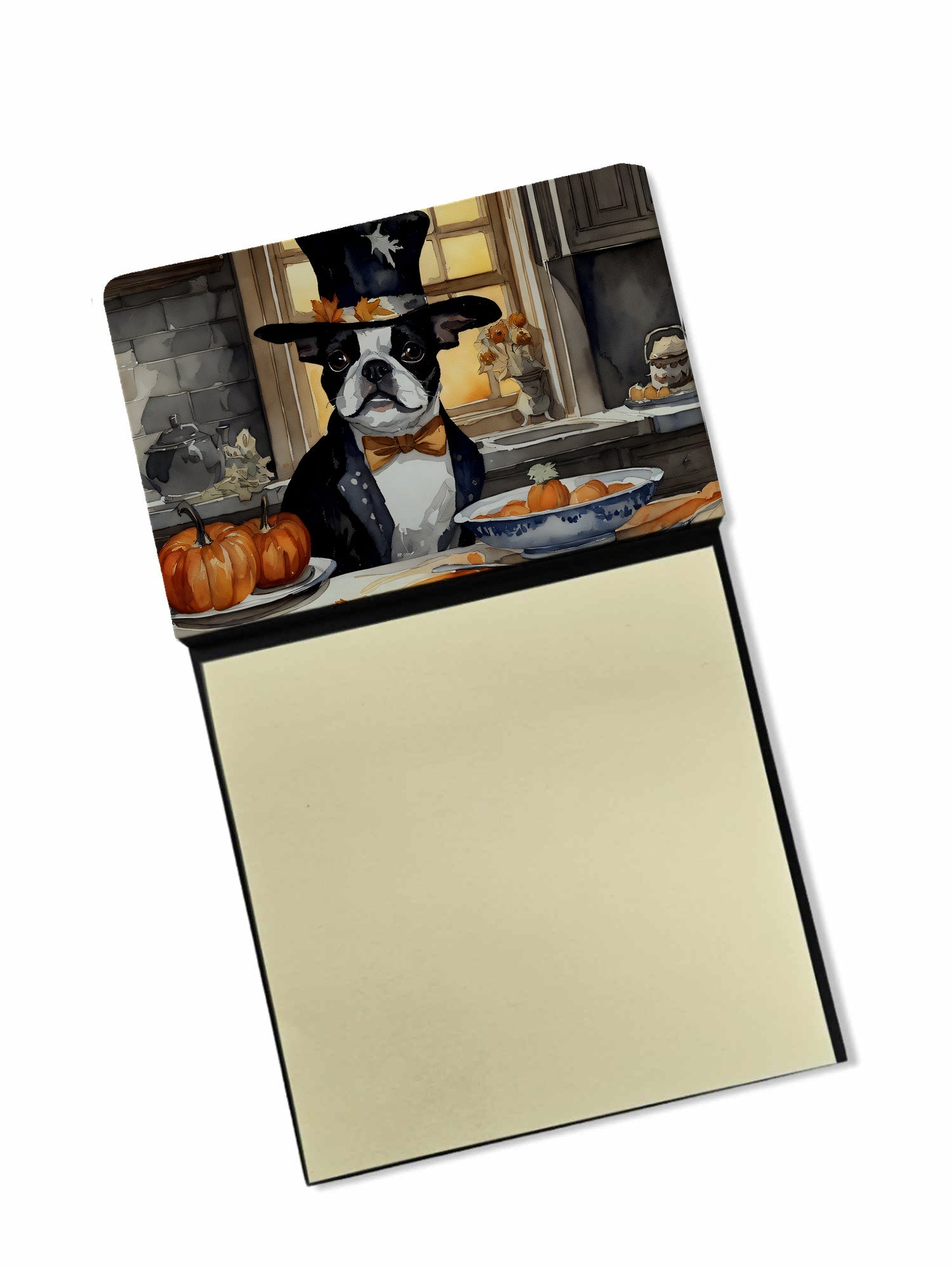 Boston Terrier Fall Kitchen Pumpkins Watercolor Sticky Note Holder Refillable Dispenser Desk Accessory 3x3 Pad Gift