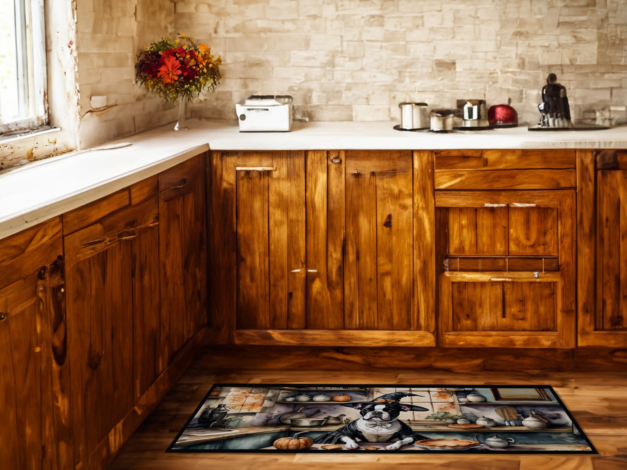 Boston Terrier Fall Kitchen Pumpkins Runner Mat 28x58 Front Door Mat Indoor Outdoor Rugs for Entryway Hallway Foyer Non Slip Washable Wide Doormat