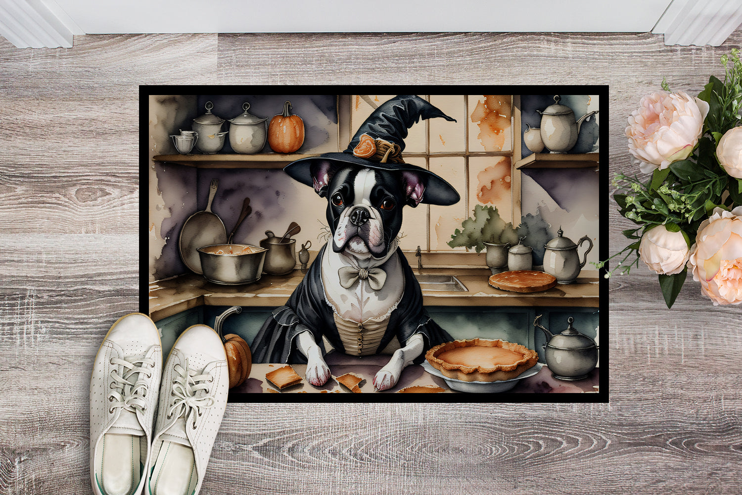 Boston Terrier Fall Kitchen Pumpkins Doormat Indoor Outdoor 24H X 36W Front Door Mat Rugs for Entryway, Non Slip Washable Low Pile,