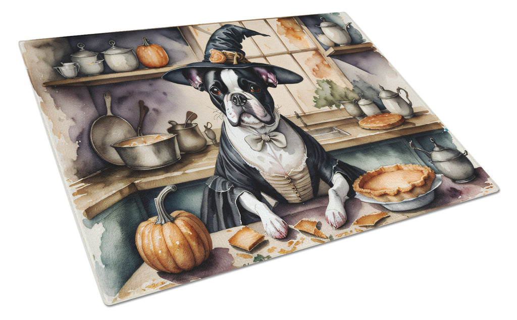 Boston Terrier Fall Kitchen Pumpkins Cutting Board Tempered Glass Kitchen Cutting Surface, Heat Resistant Chopping, Non-Slip Feet, Food Prep & Serving