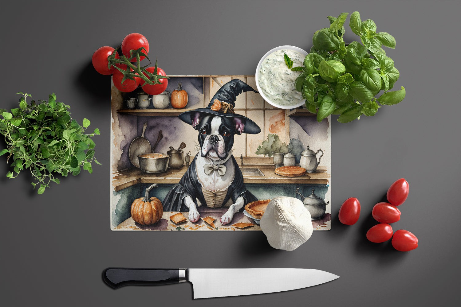 Boston Terrier Fall Kitchen Pumpkins Cutting Board Tempered Glass Kitchen Cutting Surface, Heat Resistant Chopping, Non-Slip Feet, Food Prep & Serving