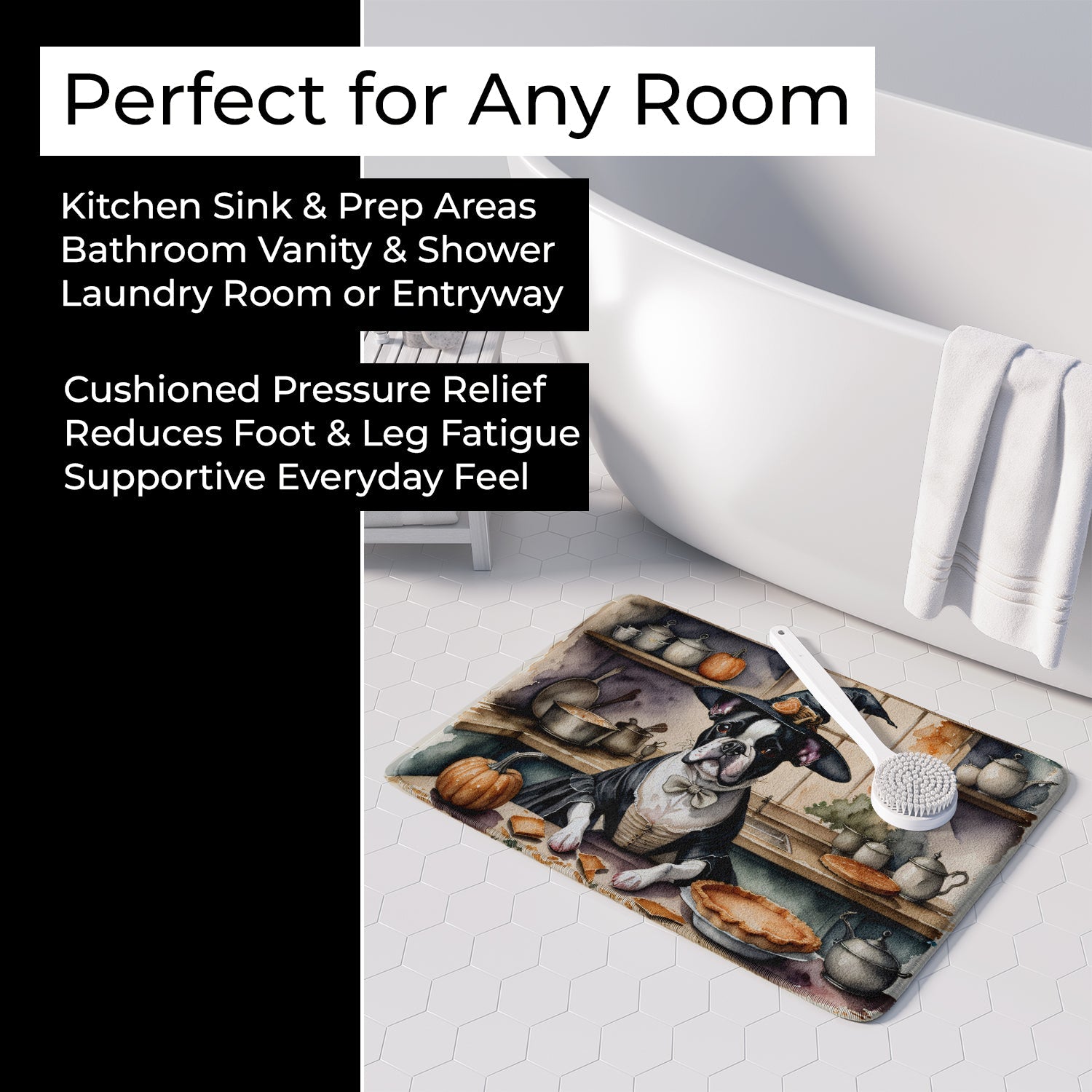 Boston Terrier Fall Kitchen Pumpkins Memory Foam Kitchen Mat Machine Washable Anti-Fatigue Cushion Comfort Bath or Kitchen Rug