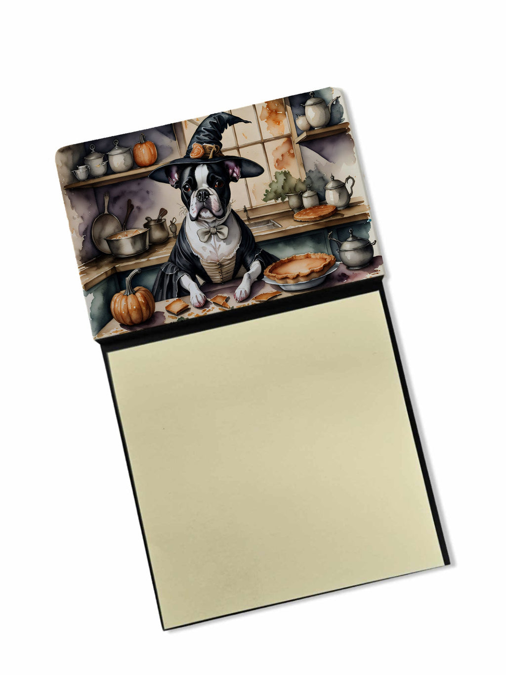 Boston Terrier Fall Kitchen Pumpkins Watercolor Sticky Note Holder Refillable Dispenser Desk Accessory 3x3 Pad Gift