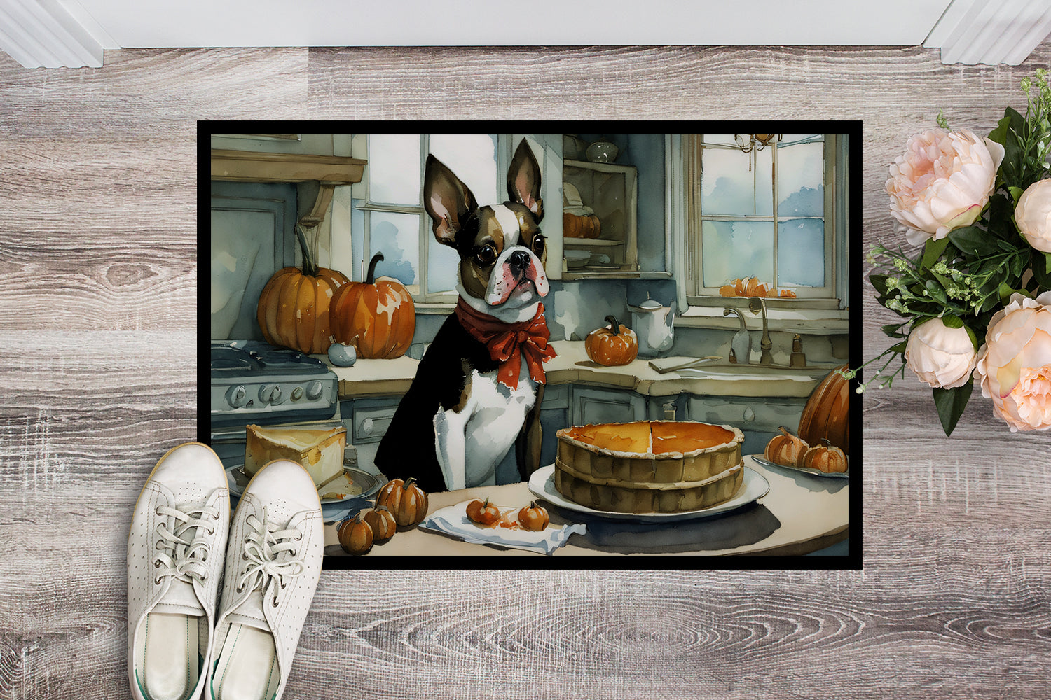 Boston Terrier Fall Kitchen Pumpkins Doormat Indoor Outdoor 24H X 36W Front Door Mat Rugs for Entryway, Non Slip Washable Low Pile,