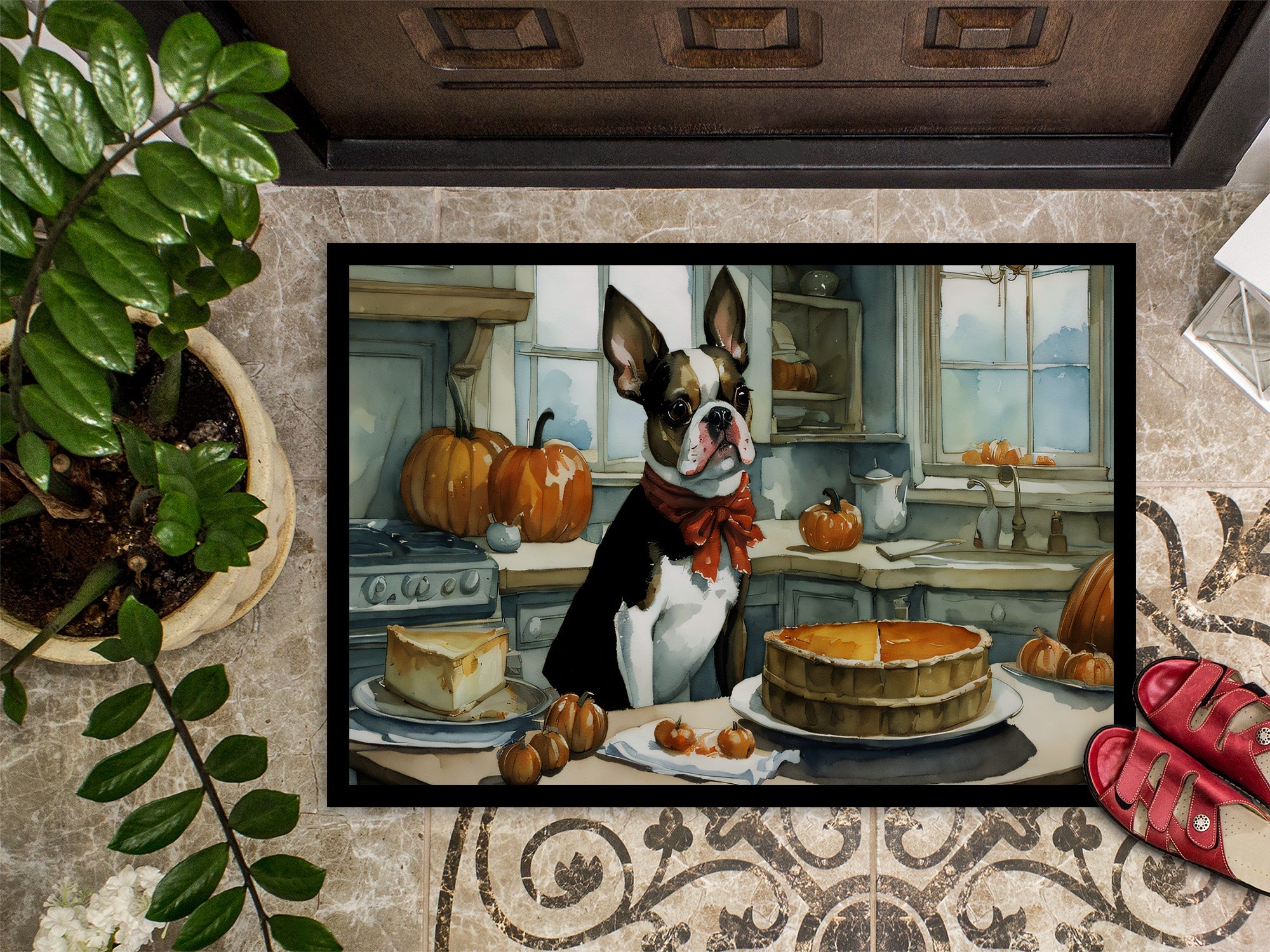 Boston Terrier Fall Kitchen Pumpkins Doormat Indoor Outdoor 24H X 36W Front Door Mat Rugs for Entryway, Non Slip Washable Low Pile,