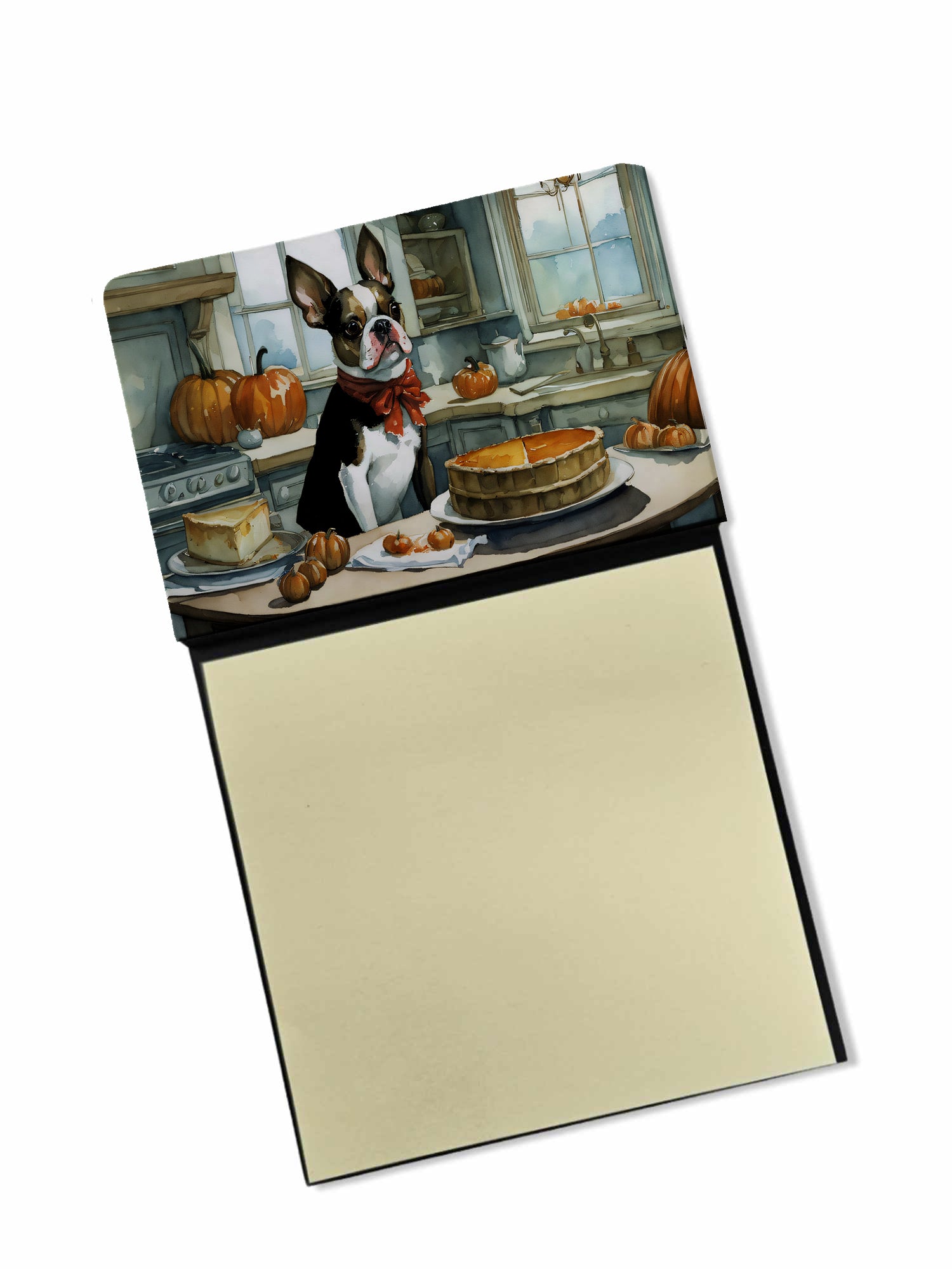 Boston Terrier Fall Kitchen Pumpkins Watercolor Sticky Note Holder Refillable Dispenser Desk Accessory 3x3 Pad Gift