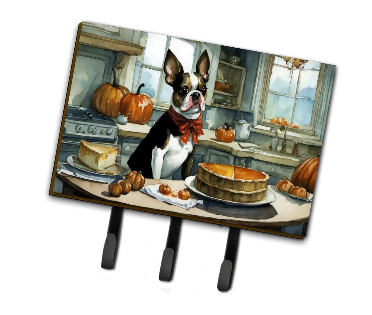 Boston Terrier Fall Kitchen Pumpkins Leash or Key Holder Wall Hooks, Coat Rack Wall Mount, for Hanging Keys, Towels, Aprons, Leashes