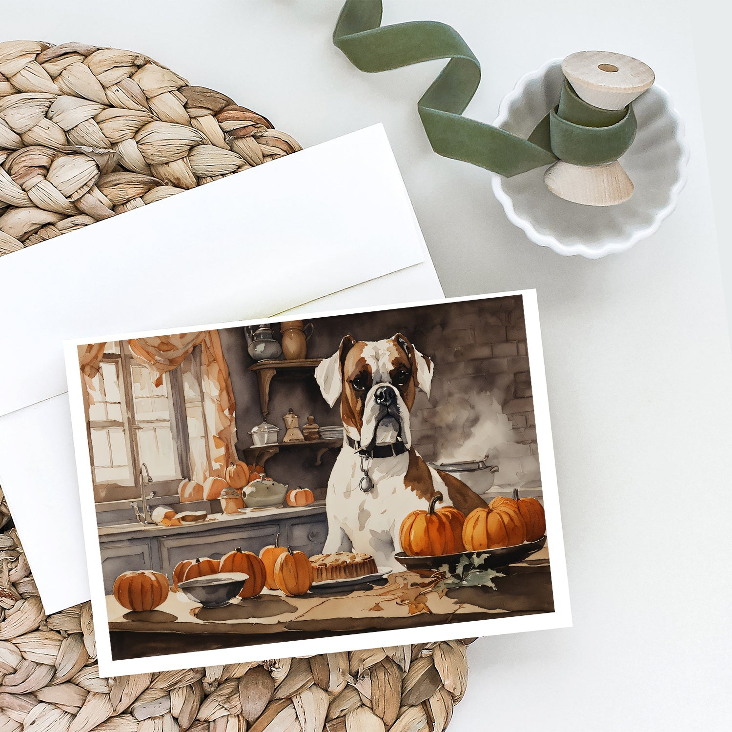 Boxer Fall Kitchen Pumpkins Greeting Cards Pack of 8 Blank Cards with Envelopes Whimsical A7 Size 5x7