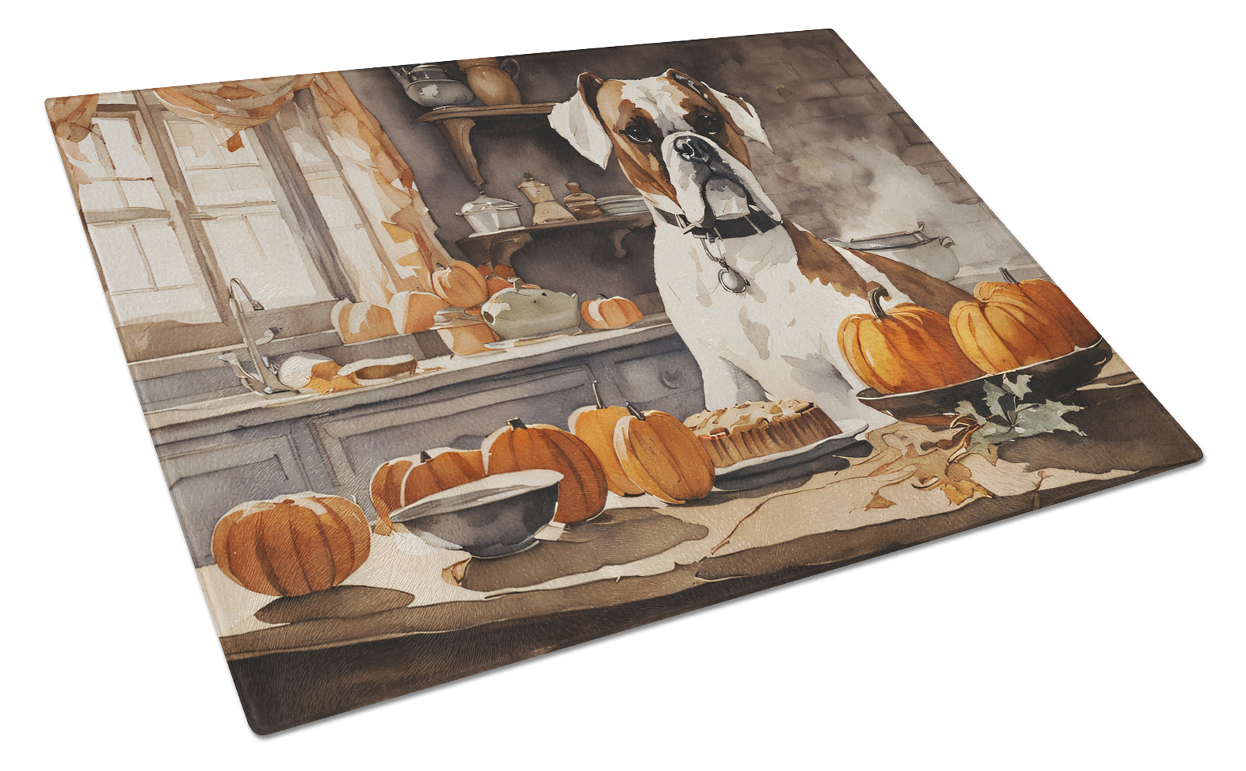 Boxer Fall Kitchen Pumpkins Cutting Board Tempered Glass Kitchen Cutting Surface, Heat Resistant Chopping, Non-Slip Feet, Food Prep & Serving