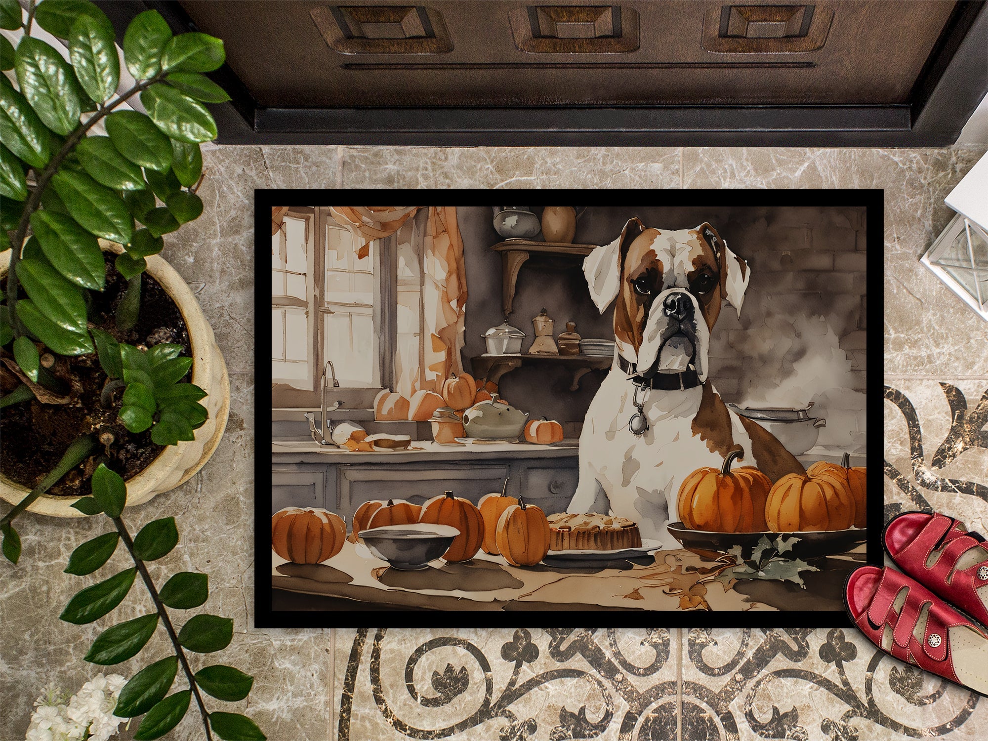 Boxer Fall Kitchen Pumpkins Doormat Indoor Outdoor 18H X 27W Front Door Mat Rugs for Entryway, Non Slip Washable