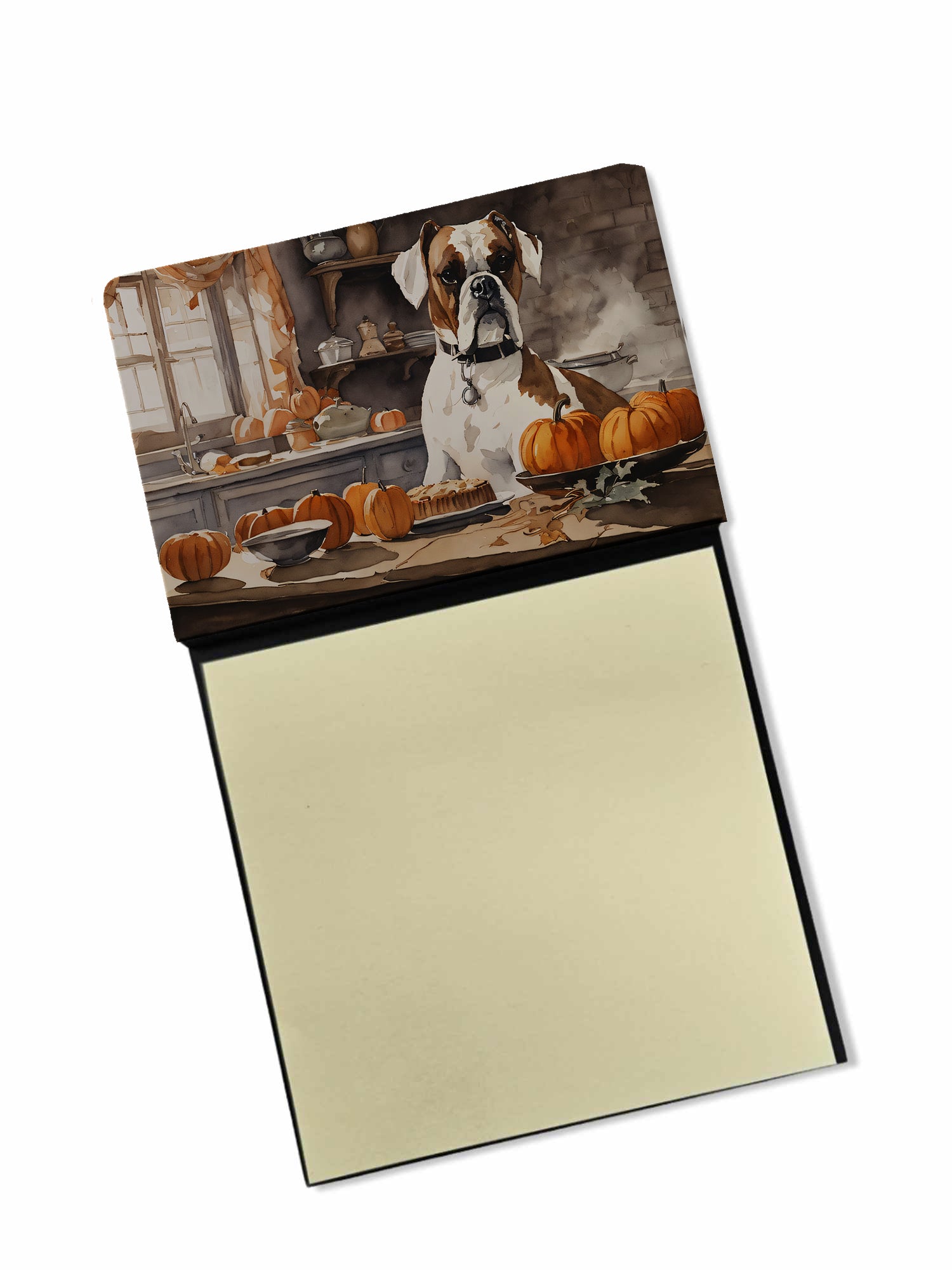 Boxer Fall Kitchen Pumpkins Watercolor Sticky Note Holder Refillable Dispenser Desk Accessory 3x3 Pad Gift