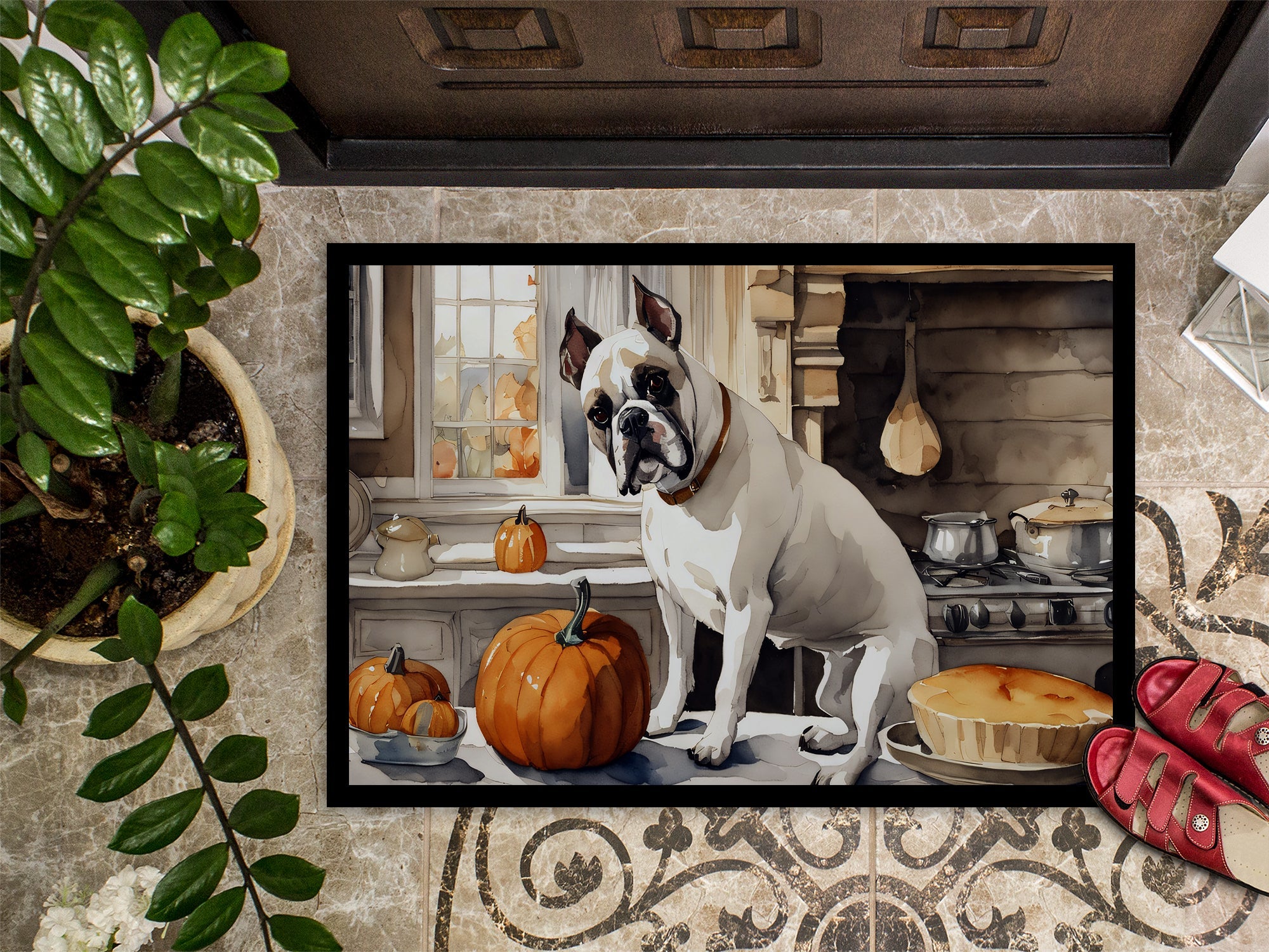 Boxer Fall Kitchen Pumpkins Doormat Indoor Outdoor 18H X 27W Front Door Mat Rugs for Entryway, Non Slip Washable