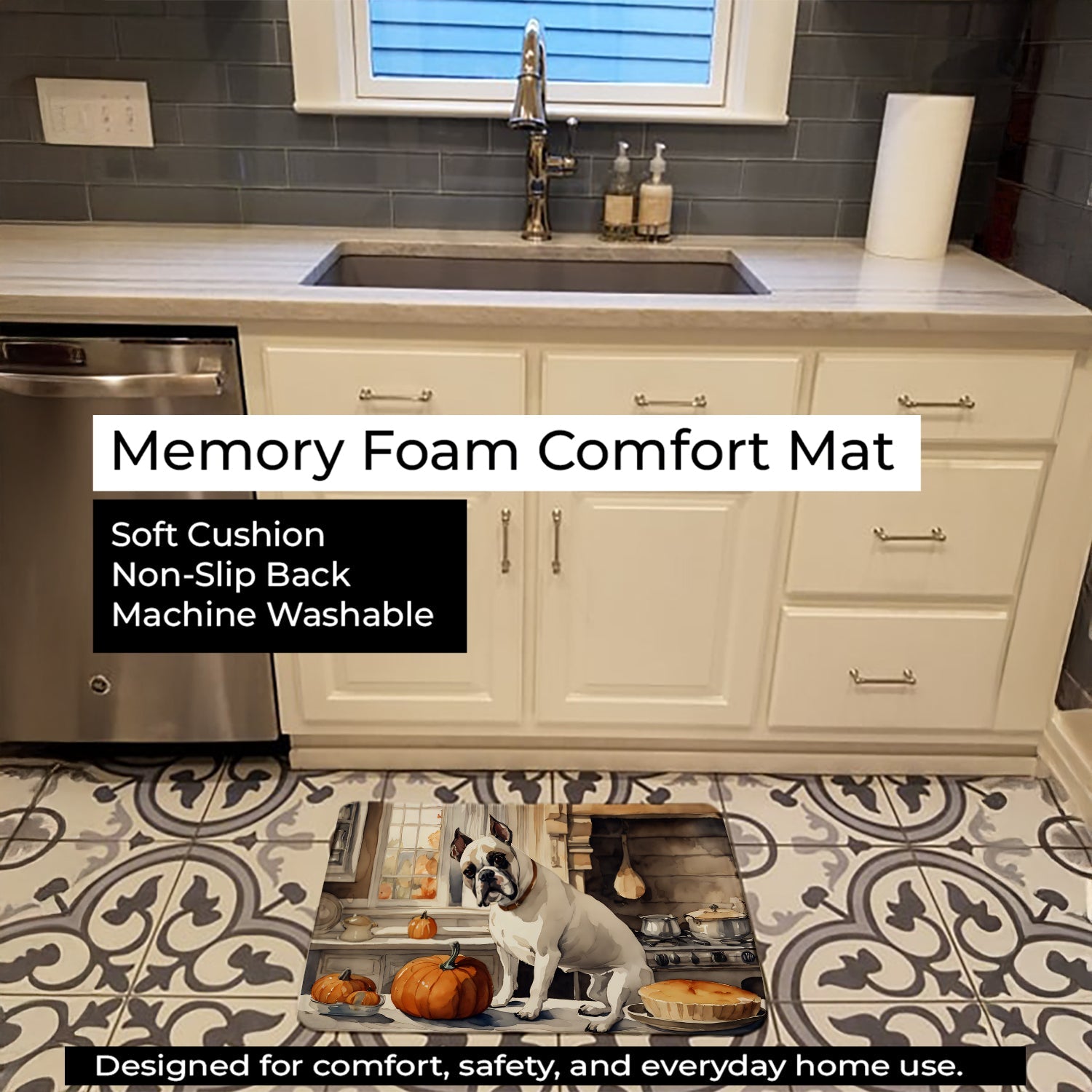 Boxer Fall Kitchen Pumpkins Memory Foam Kitchen Mat Machine Washable Anti-Fatigue Cushion Comfort Bath or Kitchen Rug