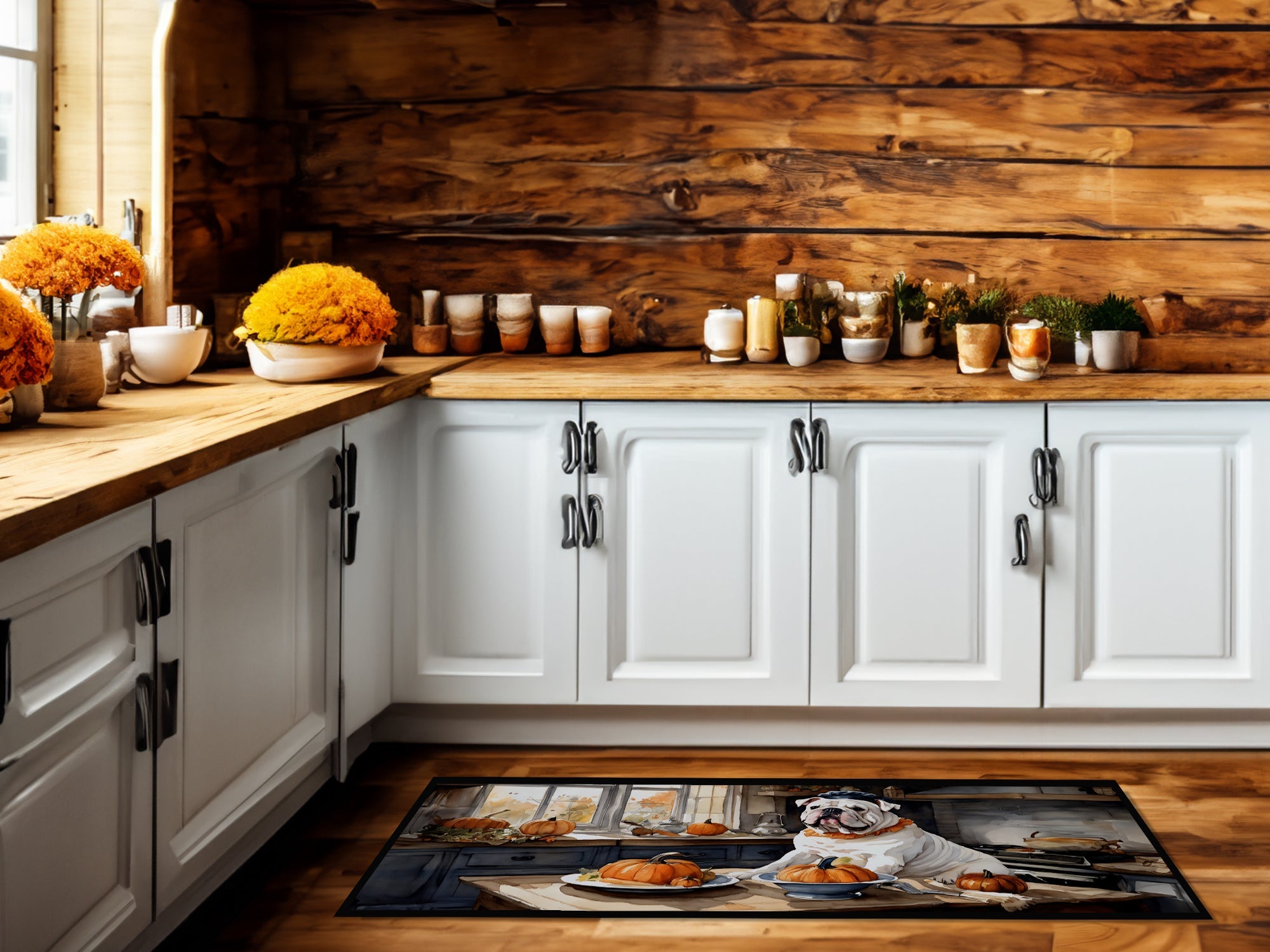 English Bulldog Fall Kitchen Pumpkins Runner Mat 28x58 Front Door Mat Indoor Outdoor Rugs for Entryway Hallway Foyer Non Slip Washable Wide Doormat