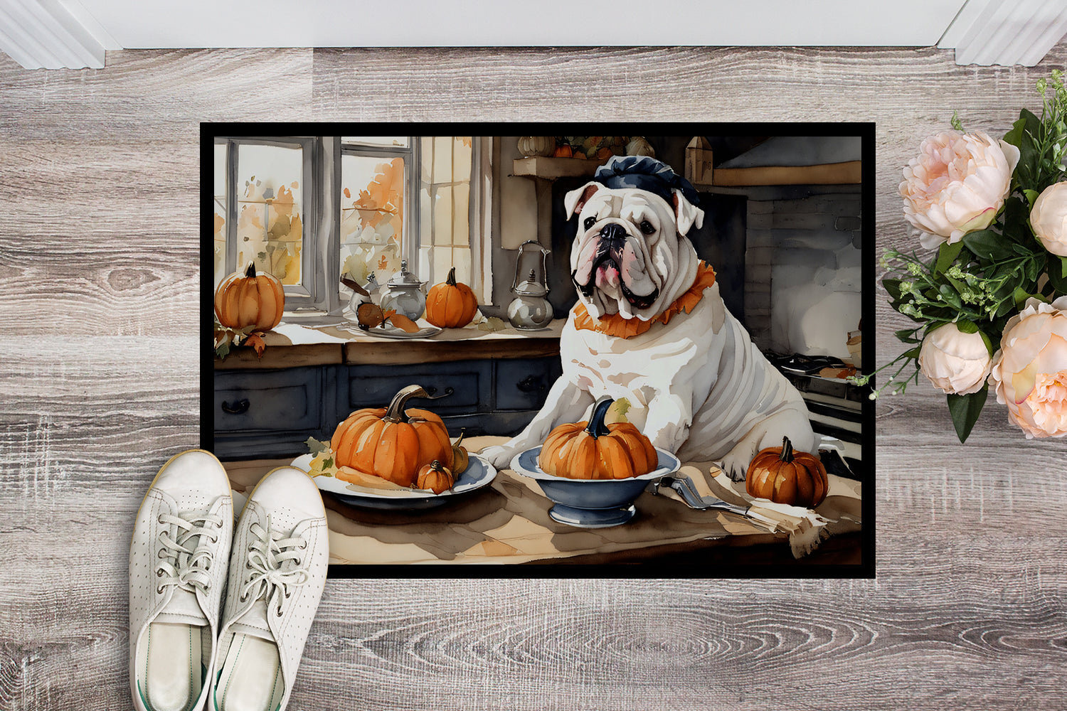 English Bulldog Fall Kitchen Pumpkins Doormat Indoor Outdoor 24H X 36W Front Door Mat Rugs for Entryway, Non Slip Washable Low Pile,