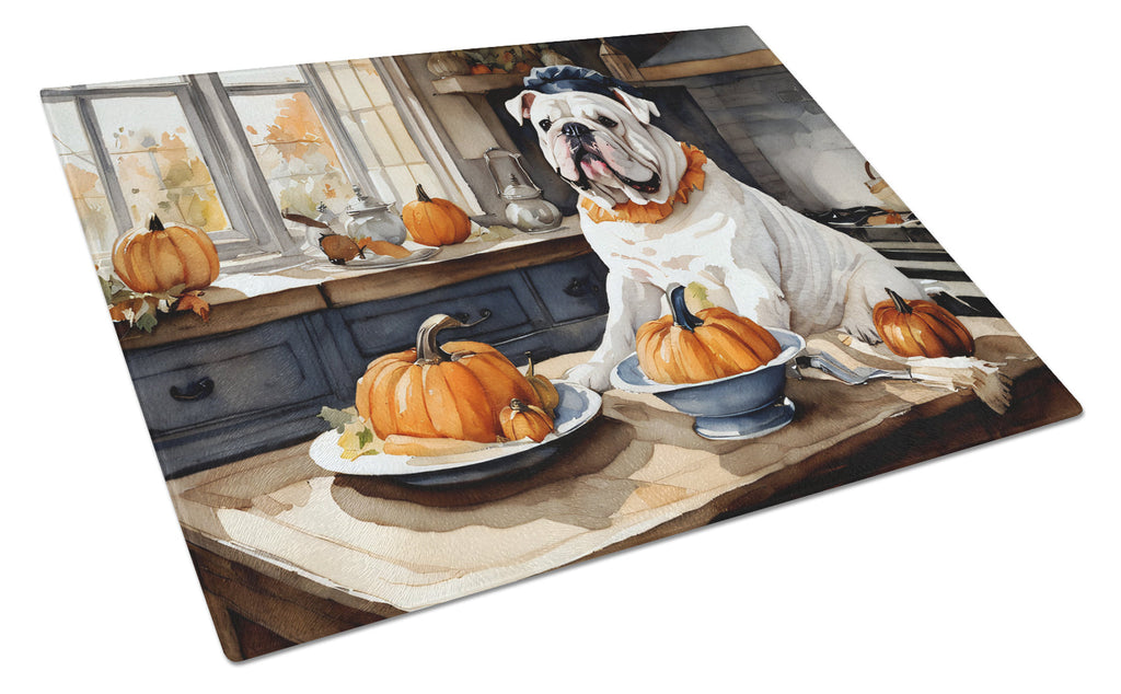 English Bulldog Fall Kitchen Pumpkins Cutting Board Tempered Glass Kitchen Cutting Surface, Heat Resistant Chopping, Non-Slip Feet, Food Prep & Serving
