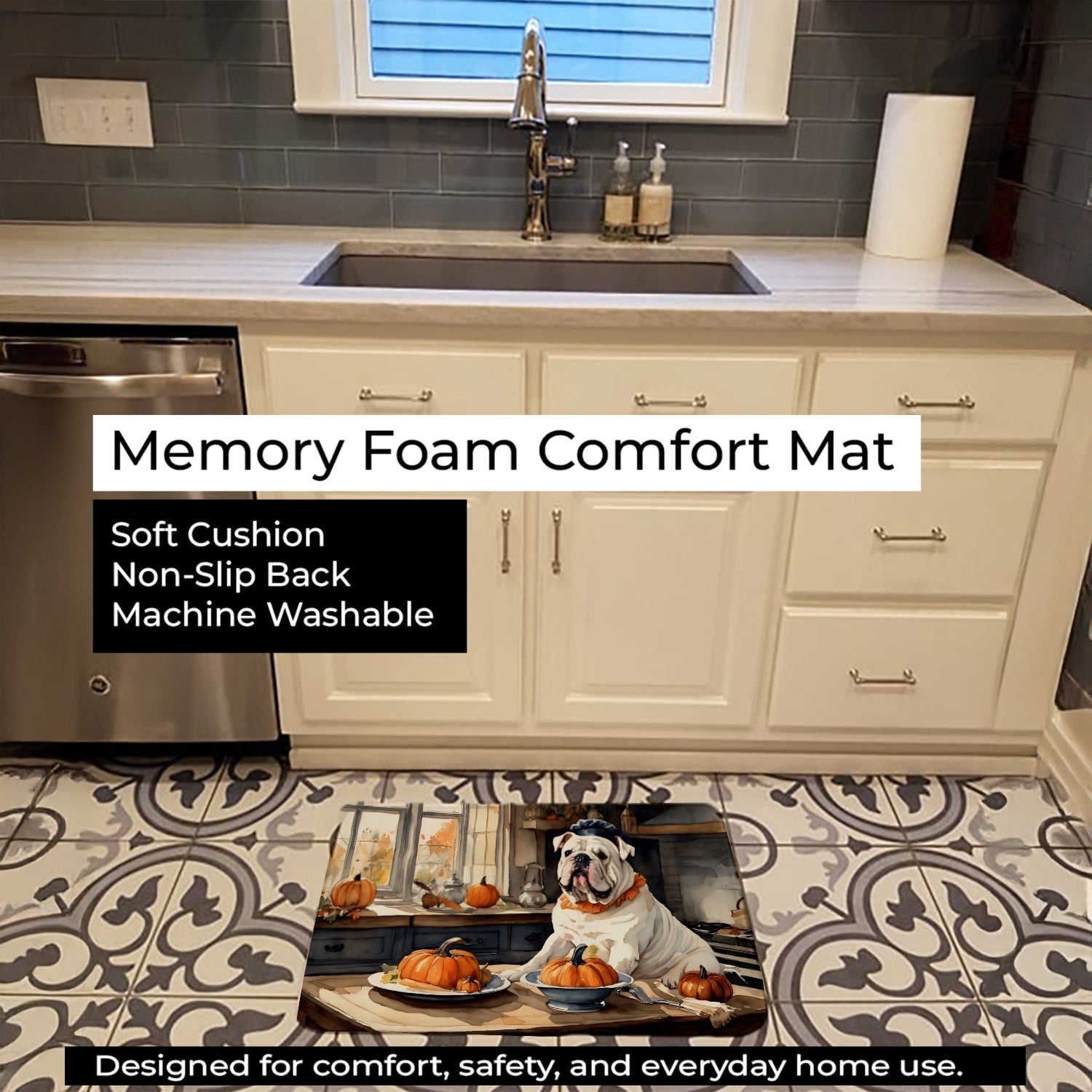 English Bulldog Fall Kitchen Pumpkins Memory Foam Kitchen Mat Machine Washable Anti-Fatigue Cushion Comfort Bath or Kitchen Rug