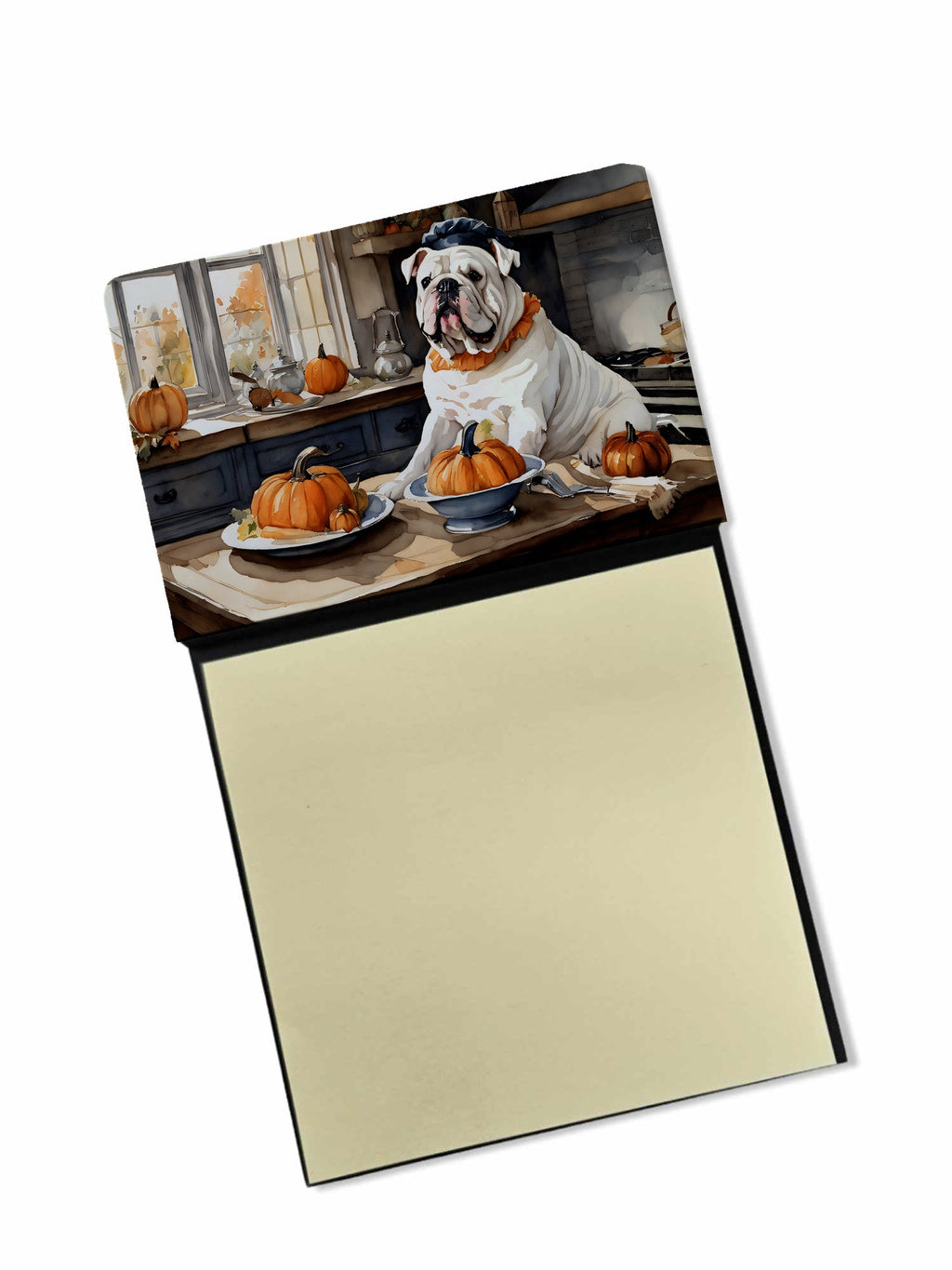English Bulldog Fall Kitchen Pumpkins Watercolor Sticky Note Holder Refillable Dispenser Desk Accessory 3x3 Pad Gift