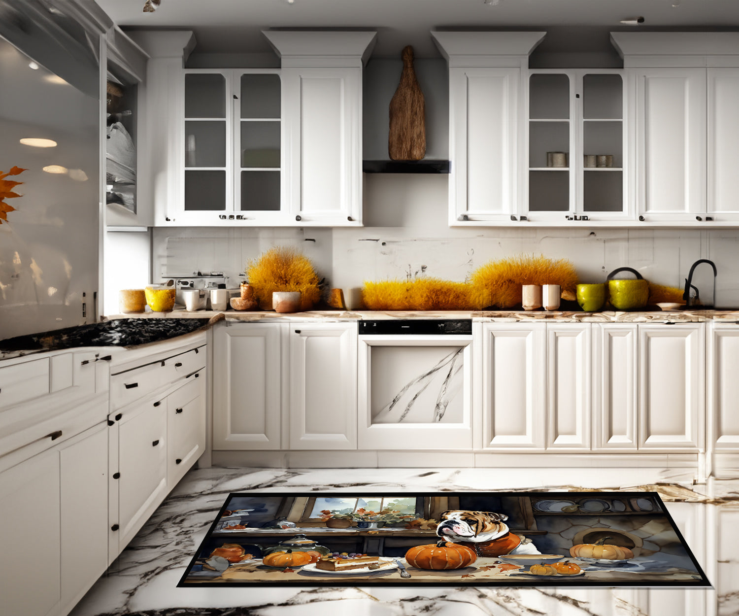 English Bulldog Fall Kitchen Pumpkins Runner Mat 28x58 Front Door Mat Indoor Outdoor Rugs for Entryway Hallway Foyer Non Slip Washable Wide Doormat