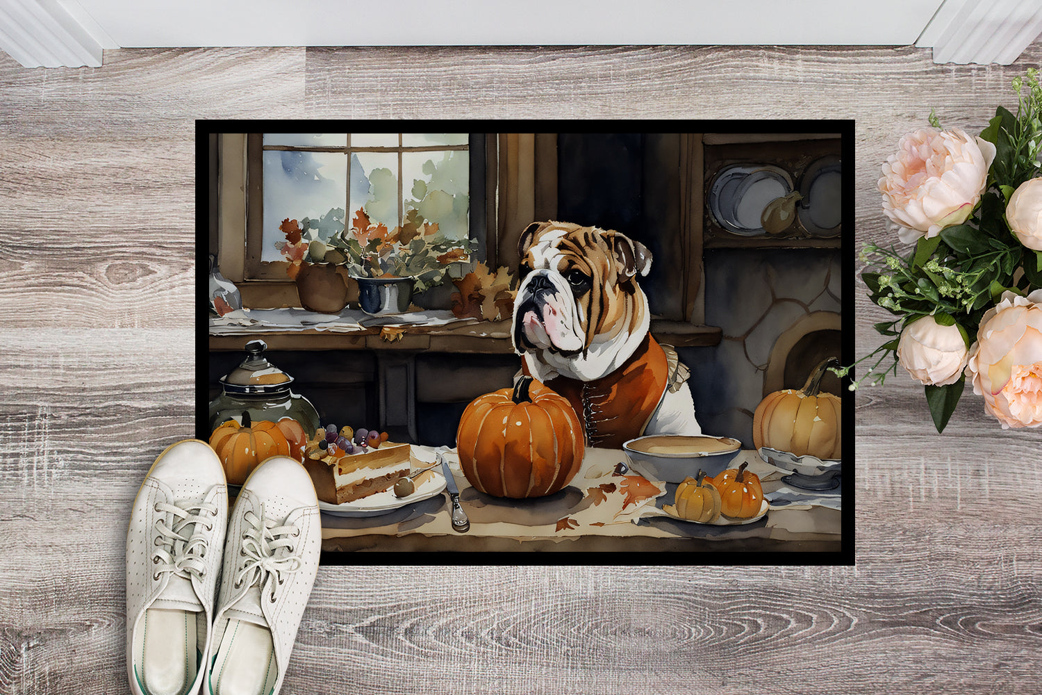 English Bulldog Fall Kitchen Pumpkins Doormat Indoor Outdoor 24H X 36W Front Door Mat Rugs for Entryway, Non Slip Washable Low Pile,