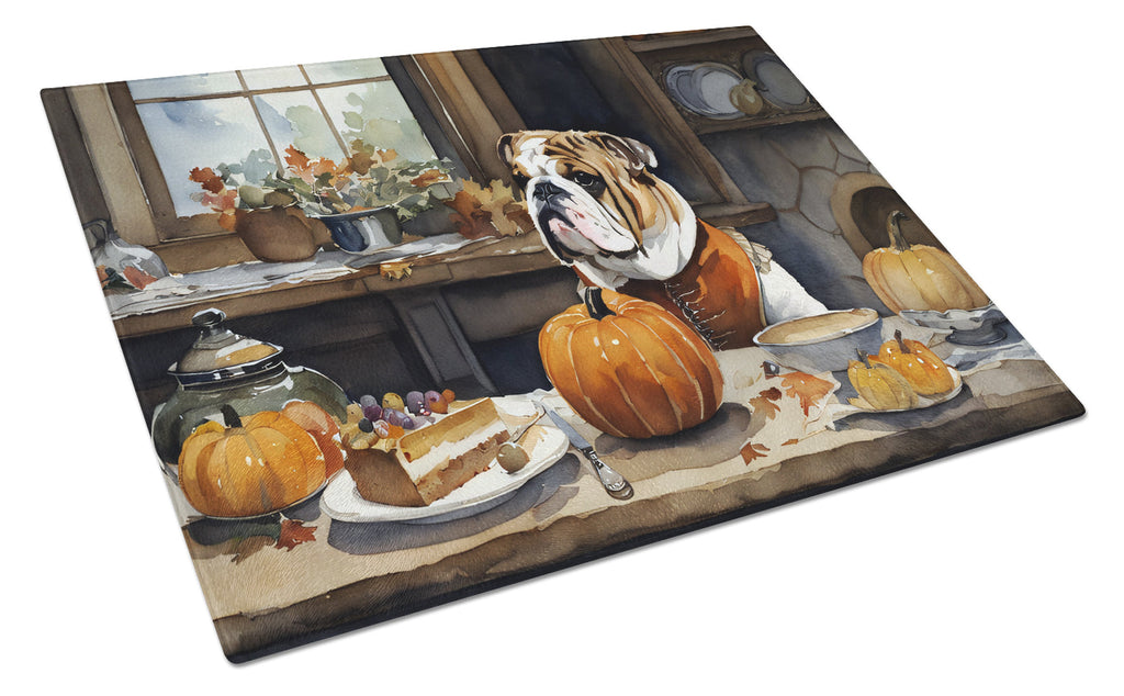 English Bulldog Fall Kitchen Pumpkins Cutting Board Tempered Glass Kitchen Cutting Surface, Heat Resistant Chopping, Non-Slip Feet, Food Prep & Serving