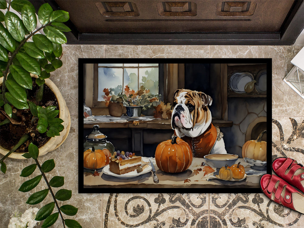 English Bulldog Fall Kitchen Pumpkins Doormat Indoor Outdoor 18H X 27W Front Door Mat Rugs for Entryway, Non Slip Washable