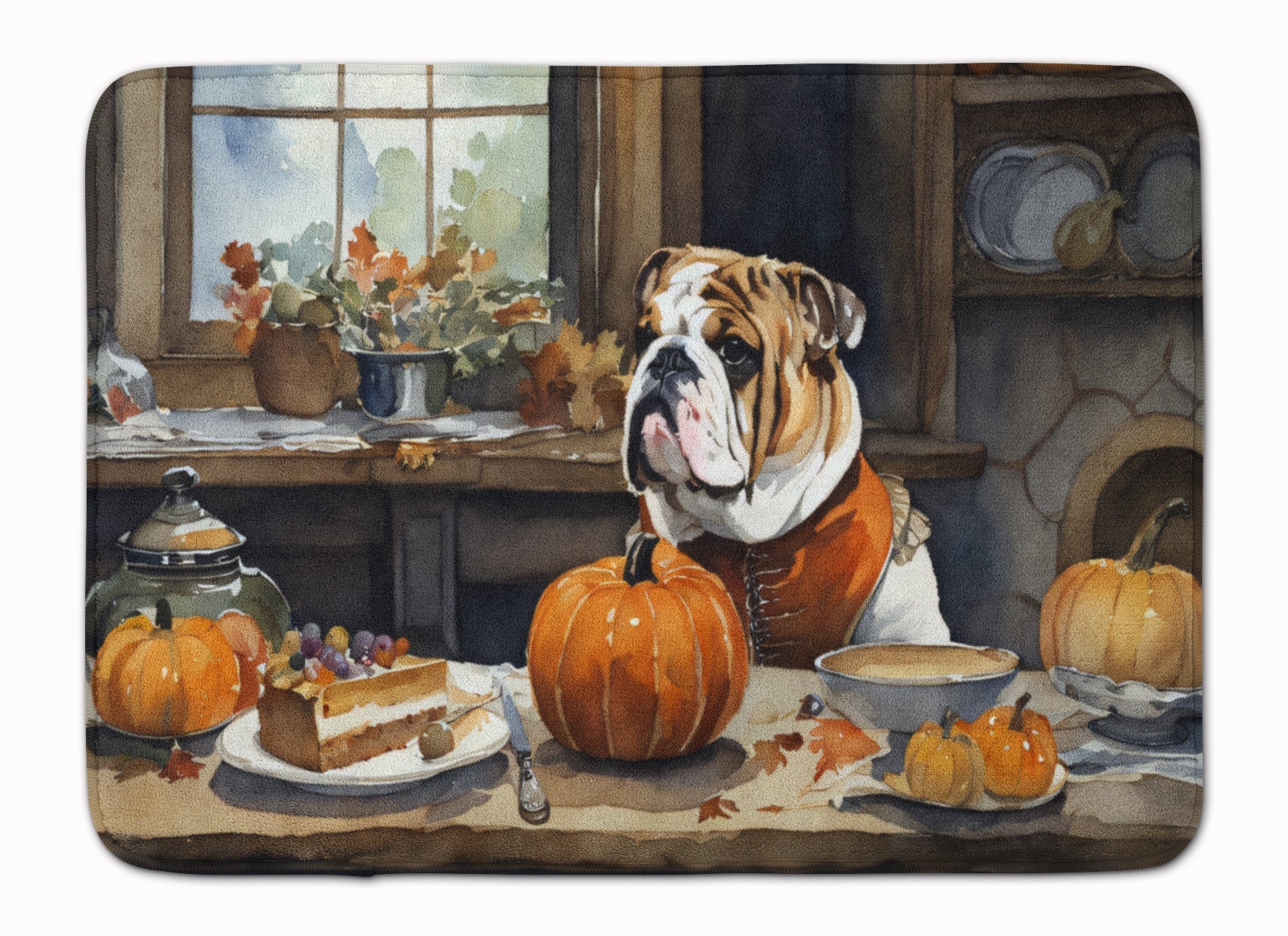 English Bulldog Fall Kitchen Pumpkins Memory Foam Kitchen Mat Machine Washable Anti-Fatigue Cushion Comfort Bath or Kitchen Rug