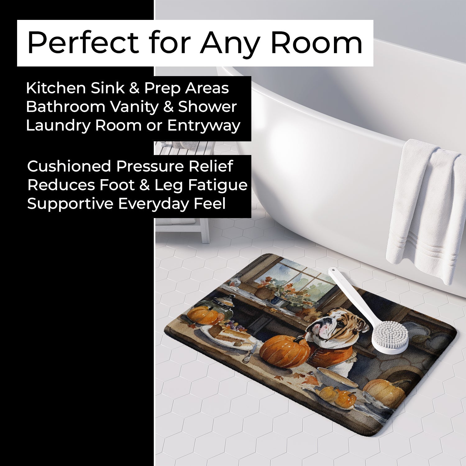 English Bulldog Fall Kitchen Pumpkins Memory Foam Kitchen Mat Machine Washable Anti-Fatigue Cushion Comfort Bath or Kitchen Rug