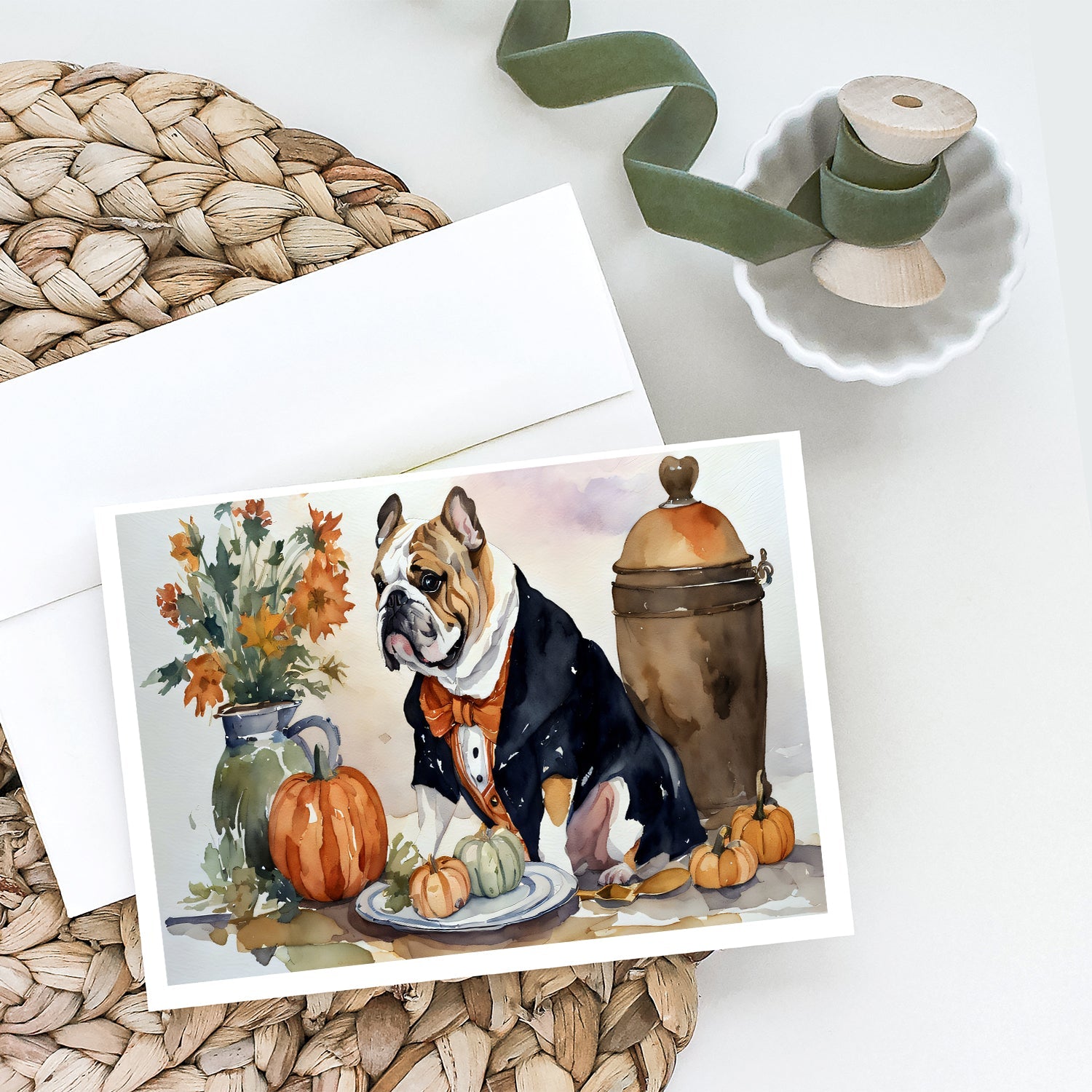 English Bulldog Fall Kitchen Pumpkins Greeting Cards Pack of 8 Blank Cards with Envelopes Whimsical A7 Size 5x7