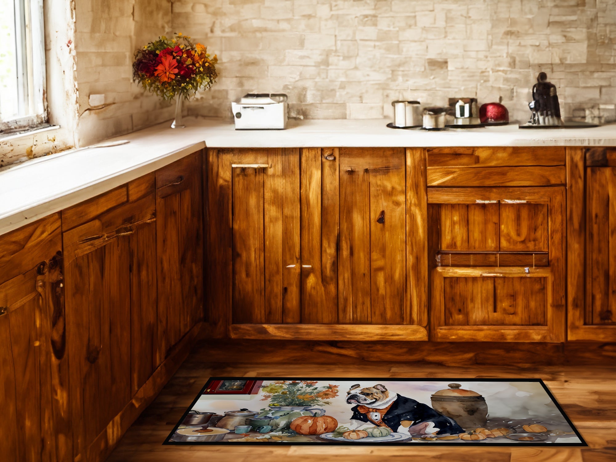 English Bulldog Fall Kitchen Pumpkins Runner Mat 28x58 Front Door Mat Indoor Outdoor Rugs for Entryway Hallway Foyer Non Slip Washable Wide Doormat