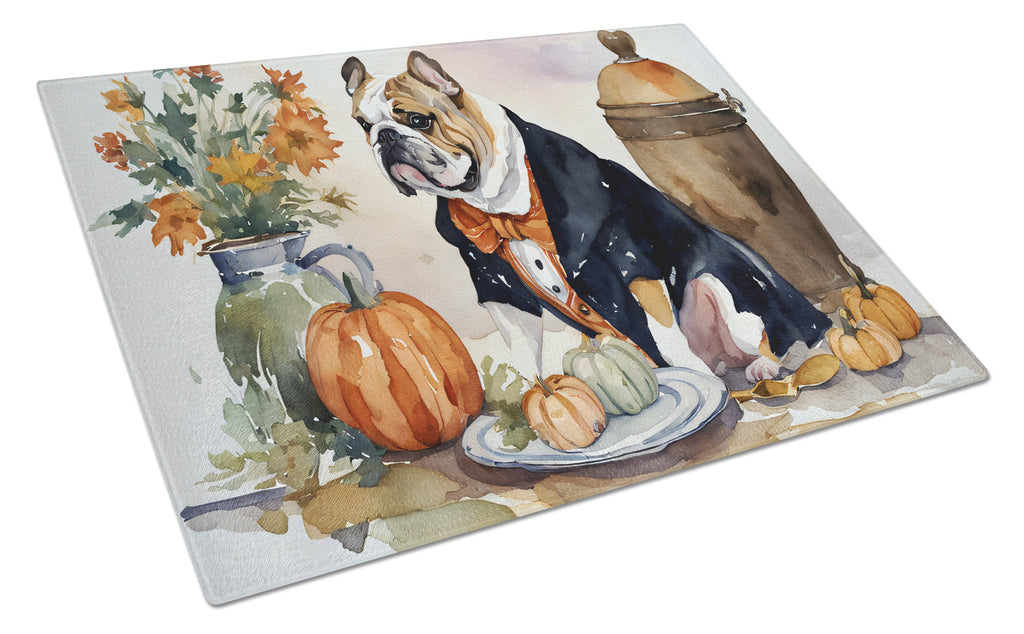 English Bulldog Fall Kitchen Pumpkins Cutting Board Tempered Glass Kitchen Cutting Surface, Heat Resistant Chopping, Non-Slip Feet, Food Prep & Serving