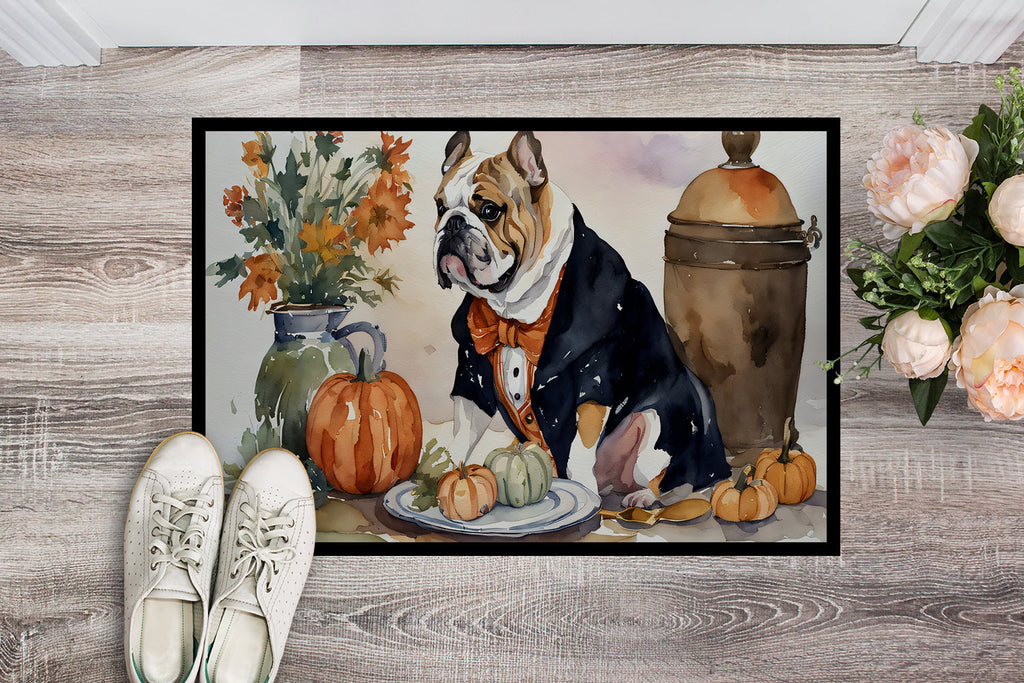 English Bulldog Fall Kitchen Pumpkins Doormat Indoor Outdoor 18H X 27W Front Door Mat Rugs for Entryway, Non Slip Washable