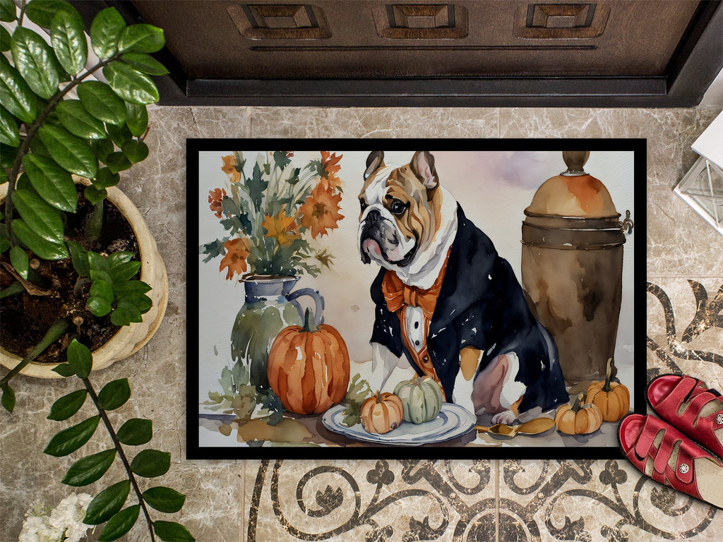 English Bulldog Fall Kitchen Pumpkins Doormat Indoor Outdoor 18H X 27W Front Door Mat Rugs for Entryway, Non Slip Washable