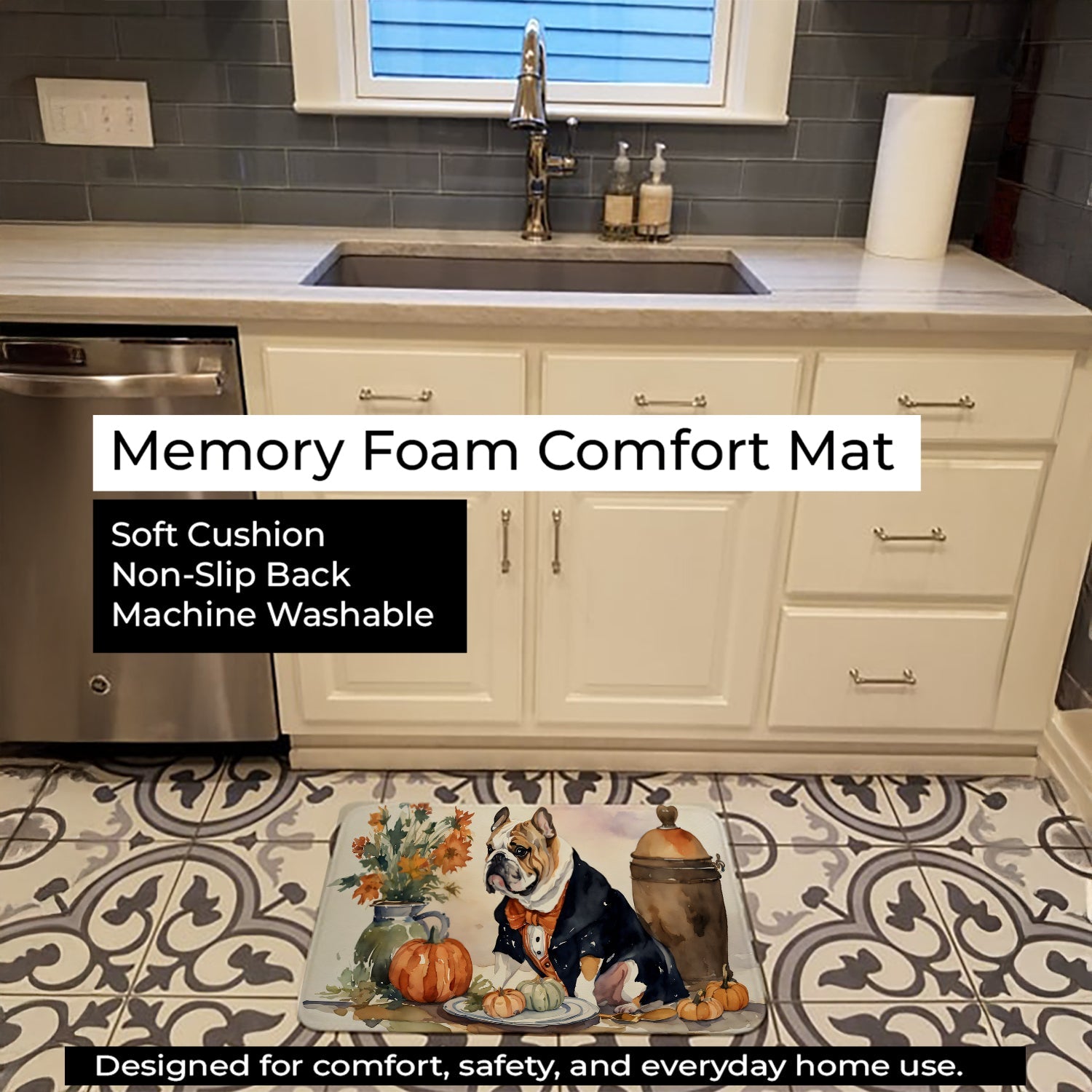 English Bulldog Fall Kitchen Pumpkins Memory Foam Kitchen Mat Machine Washable Anti-Fatigue Cushion Comfort Bath or Kitchen Rug