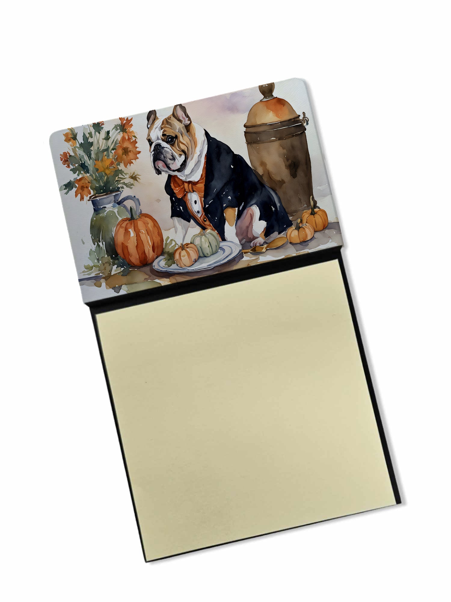 English Bulldog Fall Kitchen Pumpkins Watercolor Sticky Note Holder Refillable Dispenser Desk Accessory 3x3 Pad Gift
