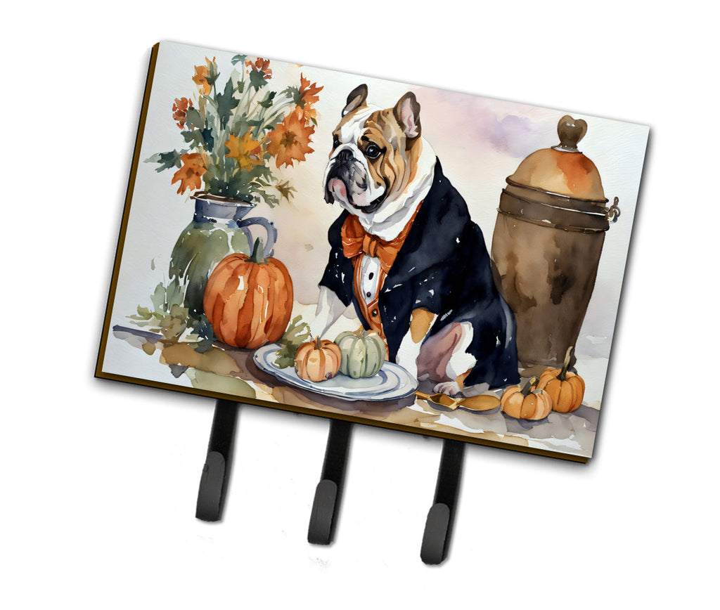 English Bulldog Fall Kitchen Pumpkins Leash or Key Holder Wall Hooks, Coat Rack Wall Mount, for Hanging Keys, Towels, Aprons, Leashes