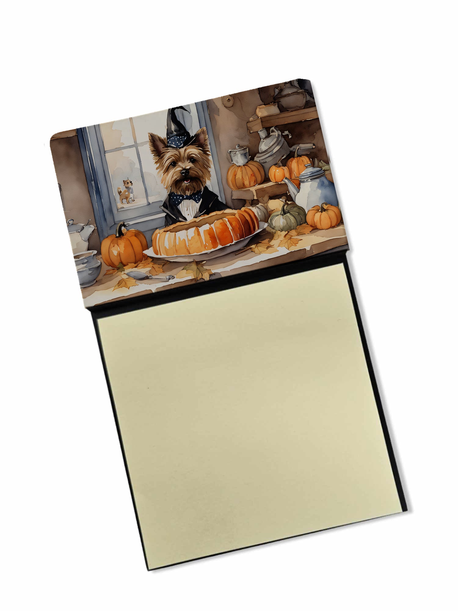 Cairn Terrier Fall Kitchen Pumpkins Watercolor Sticky Note Holder Refillable Dispenser Desk Accessory 3x3 Pad Gift