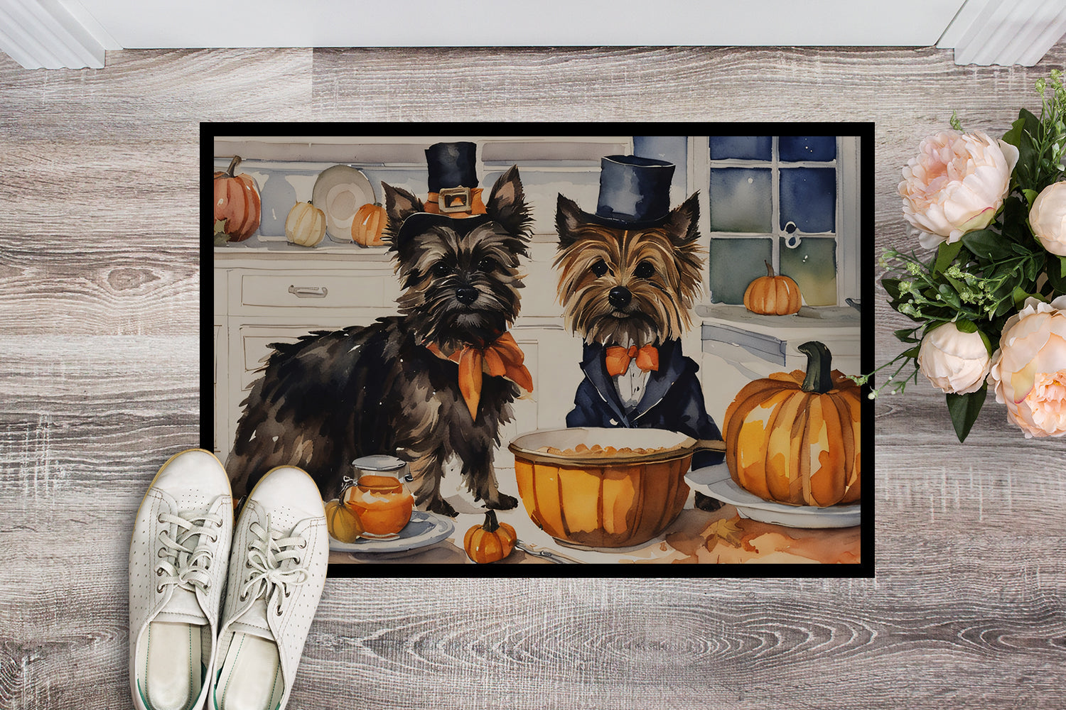 Cairn Terrier Fall Kitchen Pumpkins Doormat Indoor Outdoor 18H X 27W Front Door Mat Rugs for Entryway, Non Slip Washable
