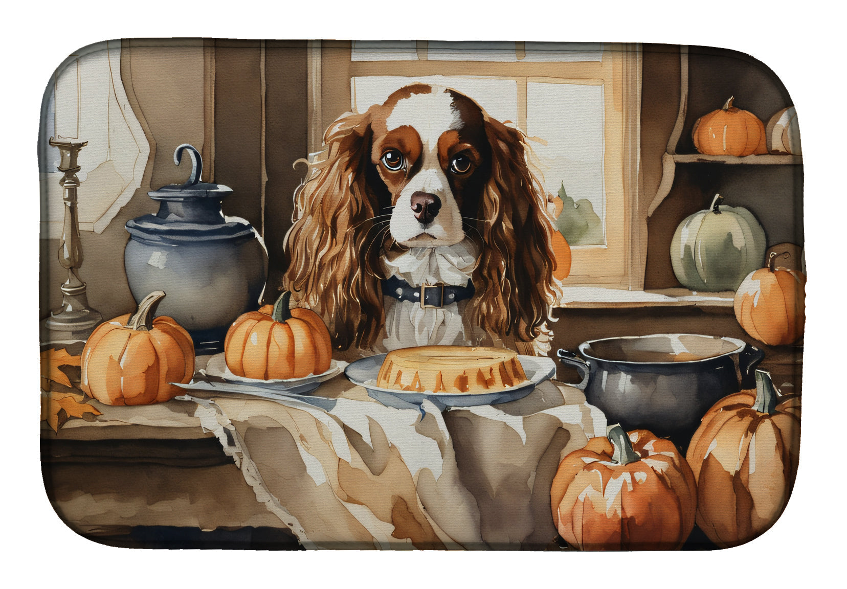Cavalier Spaniel Fall Kitchen Pumpkins Dish Drying Mat Absorbent Dish Drying Mat Pad for Kitchen Counter Dish Drainer Mat for Countertop, 14 x 21", Multicolor