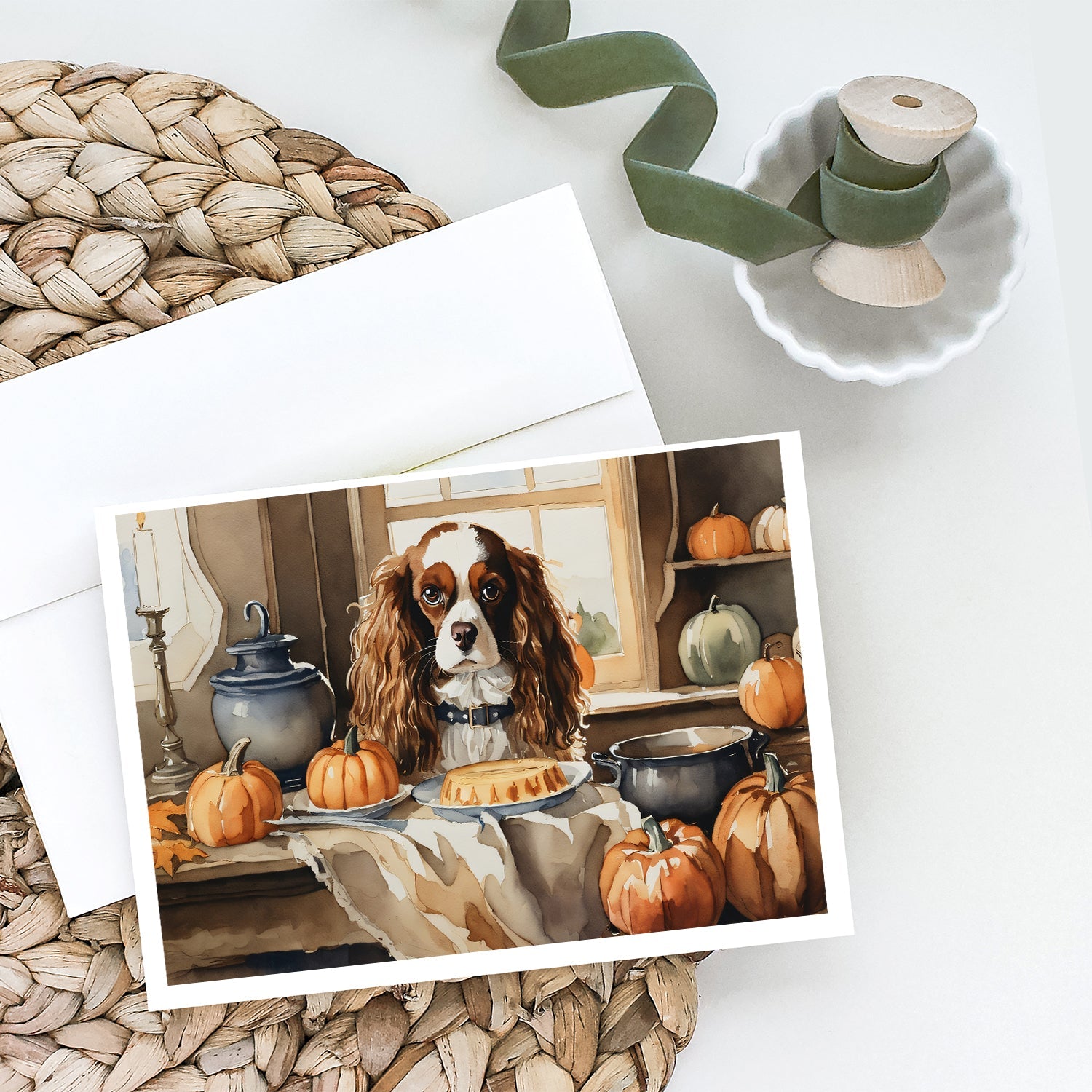 Cavalier Spaniel Fall Kitchen Pumpkins Greeting Cards Pack of 8 Blank Cards with Envelopes Whimsical A7 Size 5x7