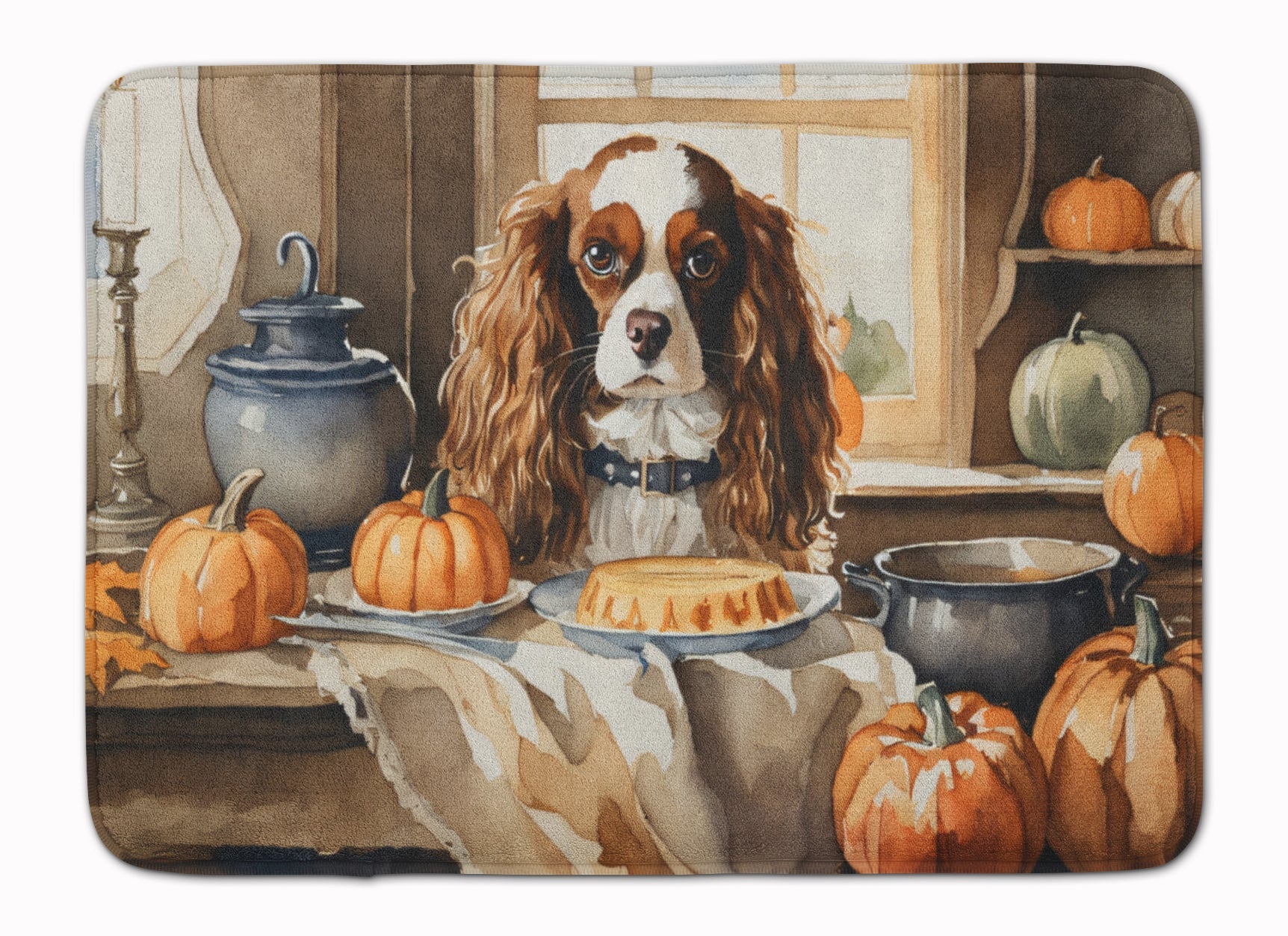 Cavalier Spaniel Fall Kitchen Pumpkins Memory Foam Kitchen Mat Machine Washable Anti-Fatigue Cushion Comfort Bath or Kitchen Rug