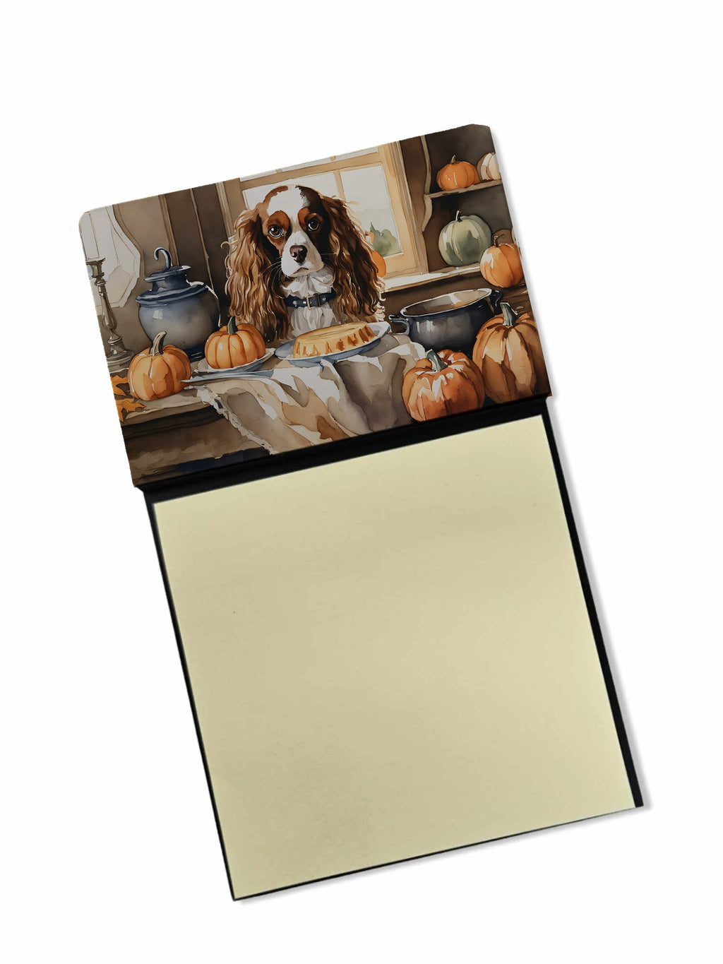 Cavalier Spaniel Fall Kitchen Pumpkins Watercolor Sticky Note Holder Refillable Dispenser Desk Accessory 3x3 Pad Gift
