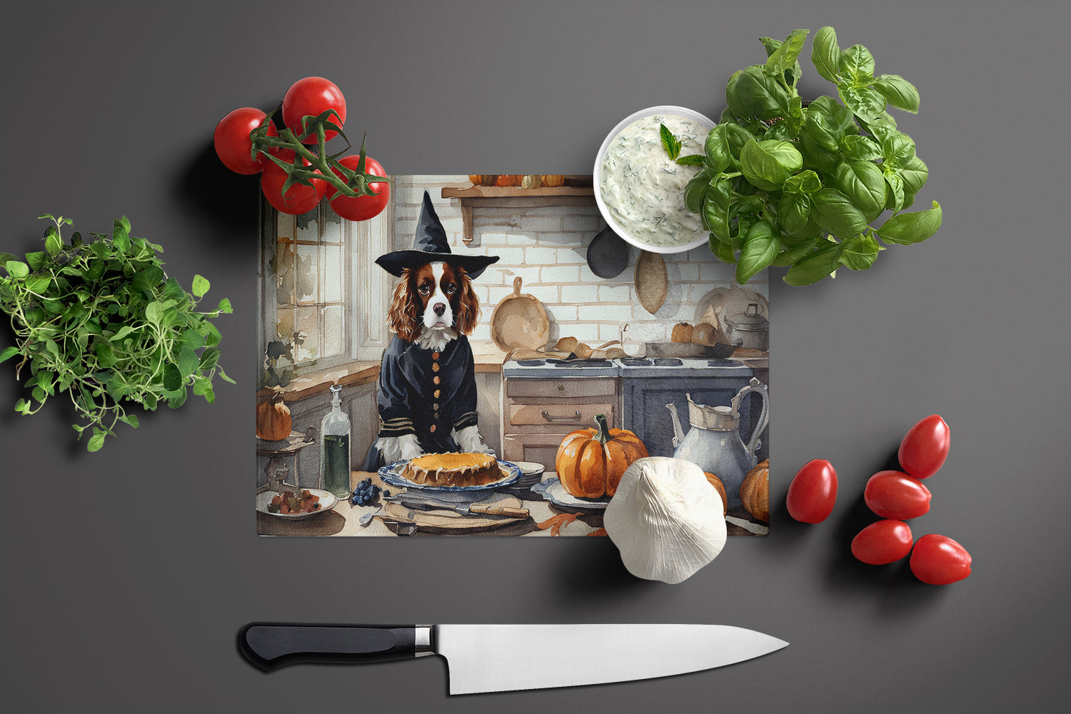 Cavalier Spaniel Fall Kitchen Pumpkins Cutting Board Tempered Glass Kitchen Cutting Surface, Heat Resistant Chopping, Non-Slip Feet, Food Prep & Serving