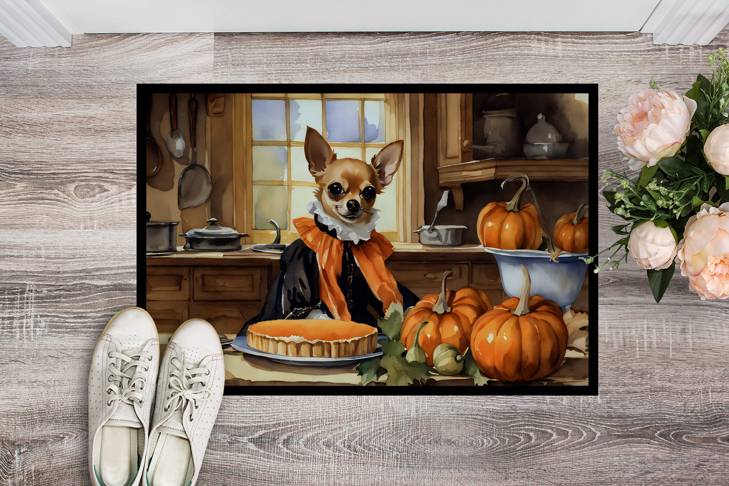 Chihuahua Fall Kitchen Pumpkins Doormat Indoor Outdoor 18H X 27W Front Door Mat Rugs for Entryway, Non Slip Washable
