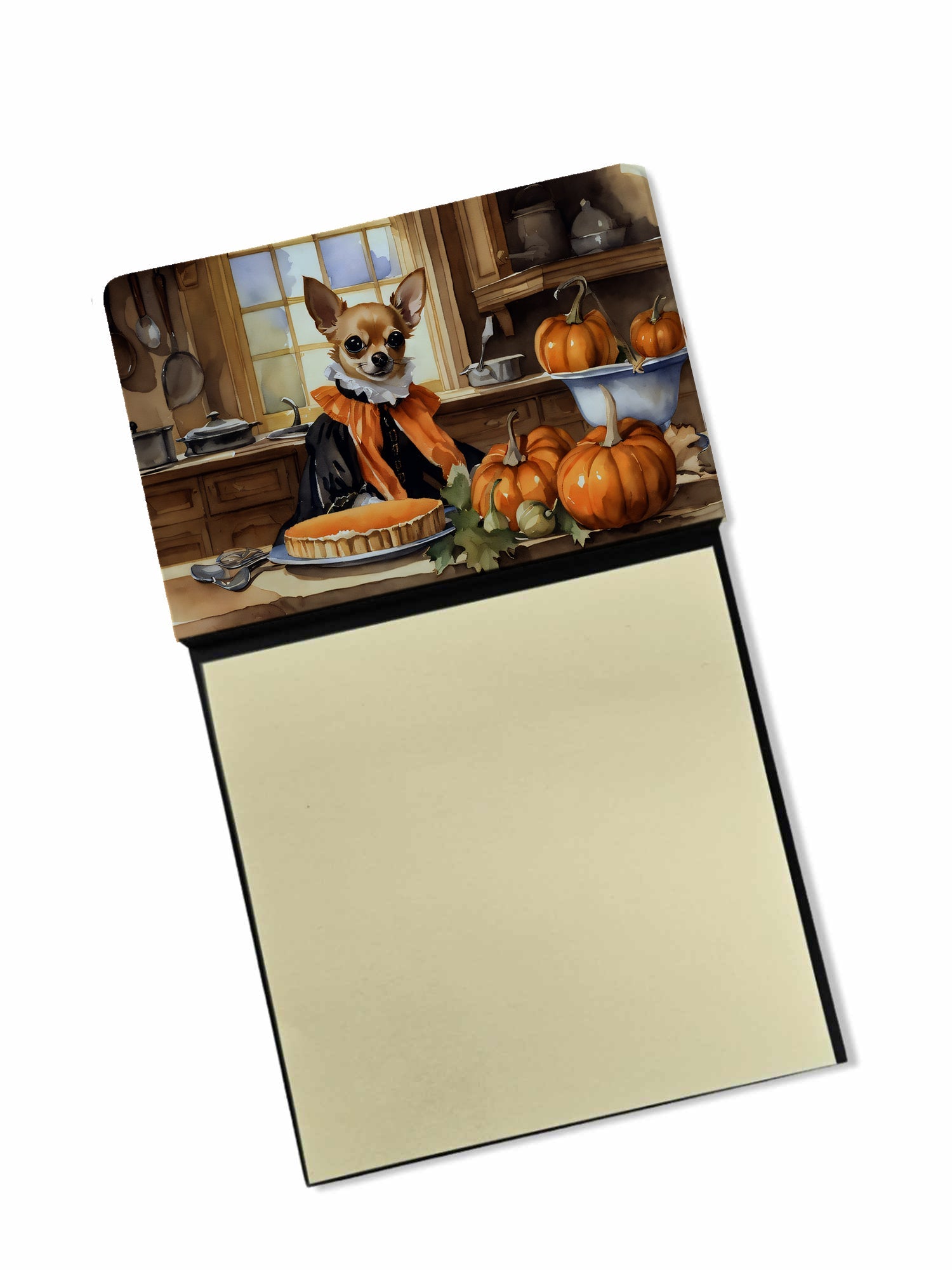 Chihuahua Fall Kitchen Pumpkins Watercolor Sticky Note Holder Refillable Dispenser Desk Accessory 3x3 Pad Gift