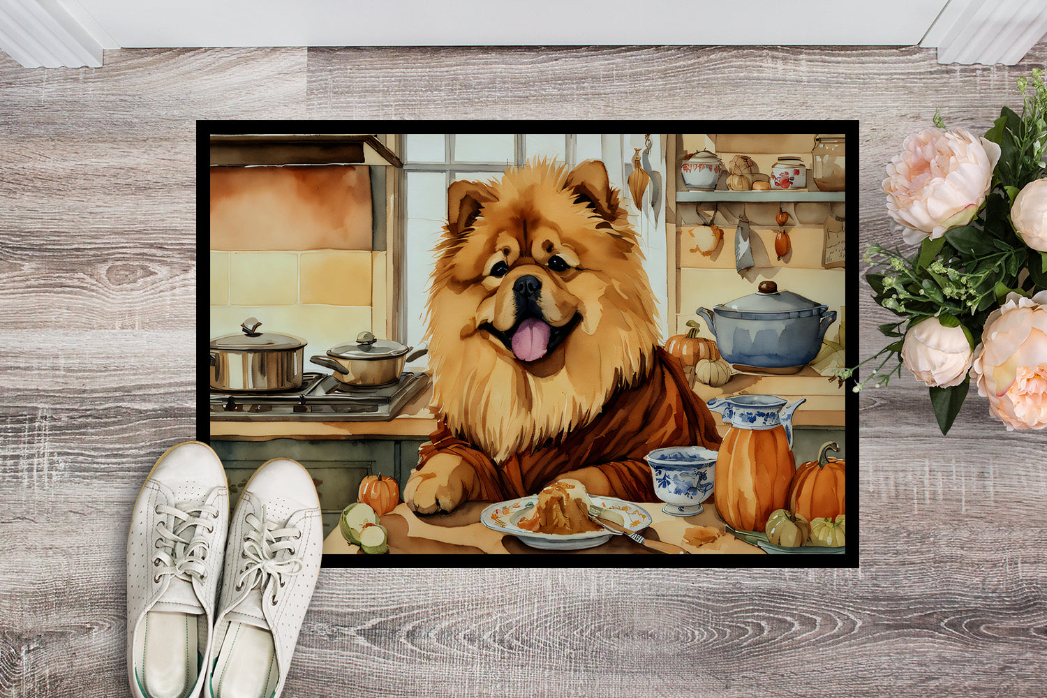 Chow Chow Fall Kitchen Pumpkins Doormat Indoor Outdoor 18H X 27W Front Door Mat Rugs for Entryway, Non Slip Washable
